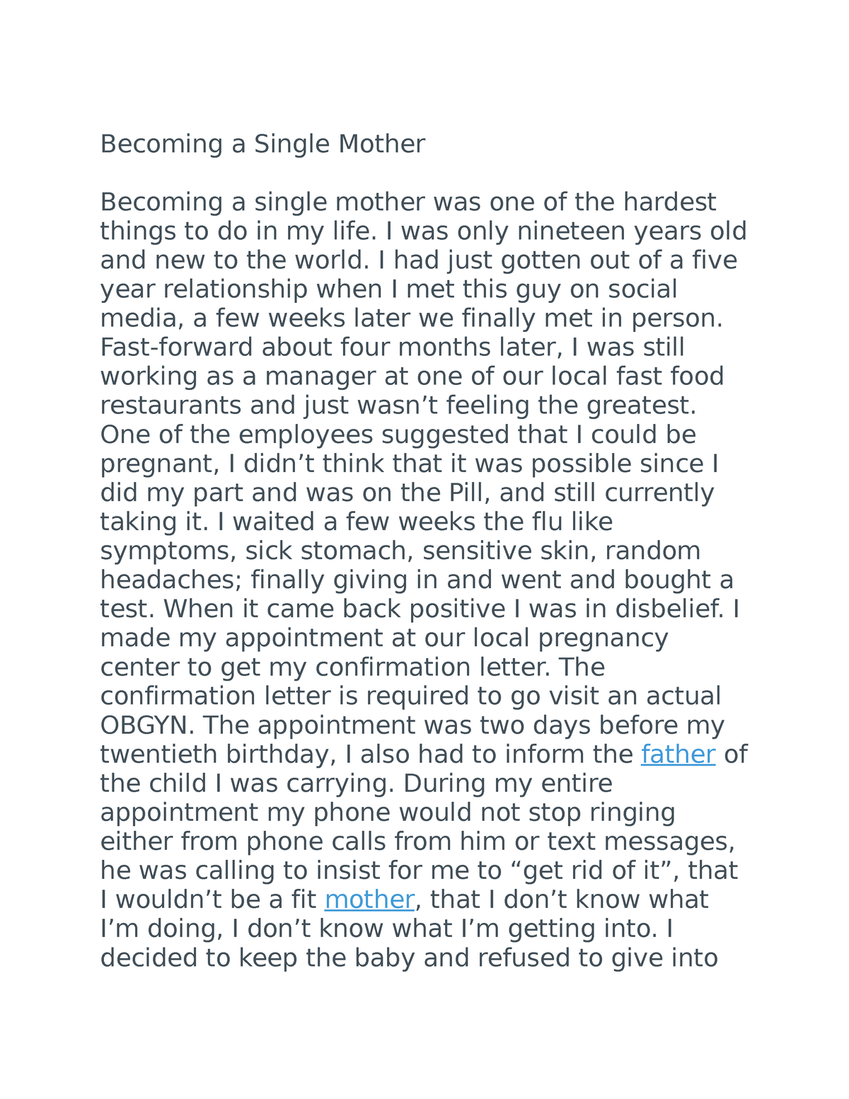 profile essay on single mom