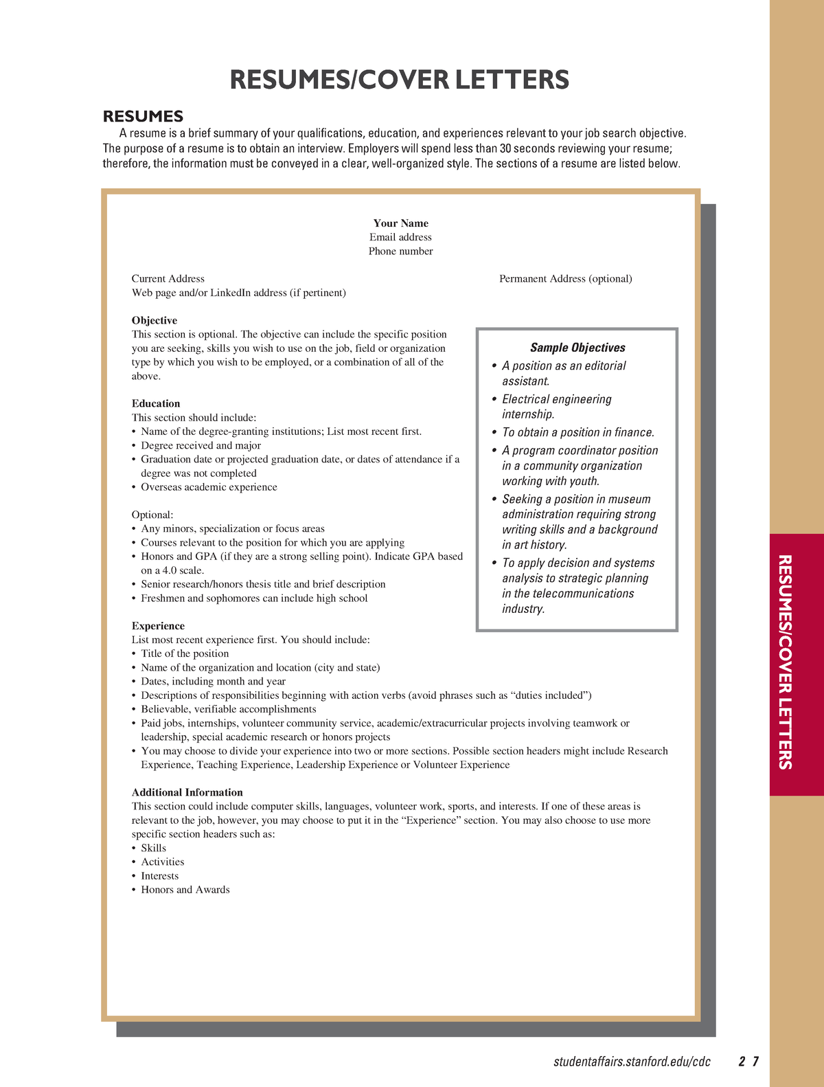 Stanford University Resume Cover Letter Guide studentaffairs/cdc 2 7