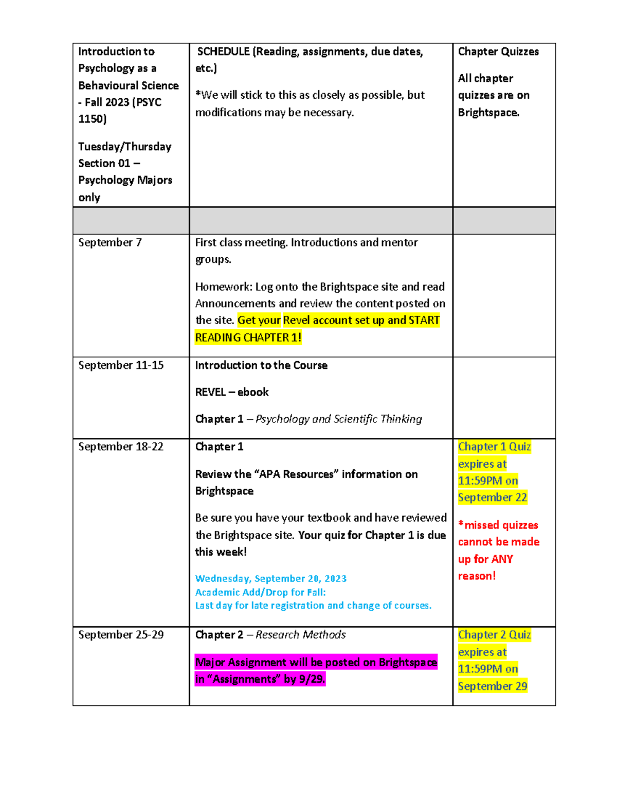 Weekly Schedule - Fall 2023 (POST) - Introduction to Psychology as a Behavioural Science Fall ...
