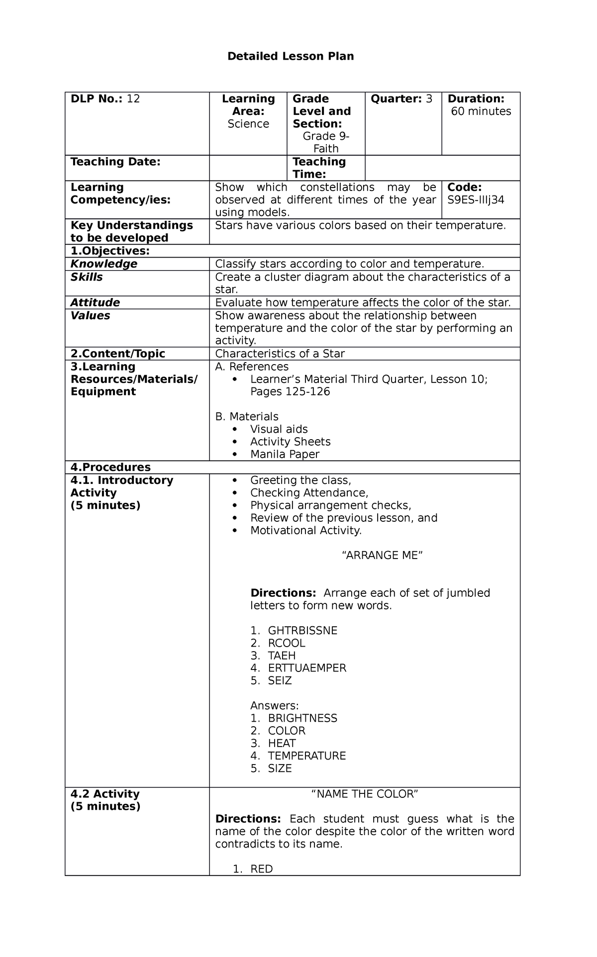 DLP-No - Lesson Plan for Science 9 - BSEd-Mathematics - CTU - Studocu