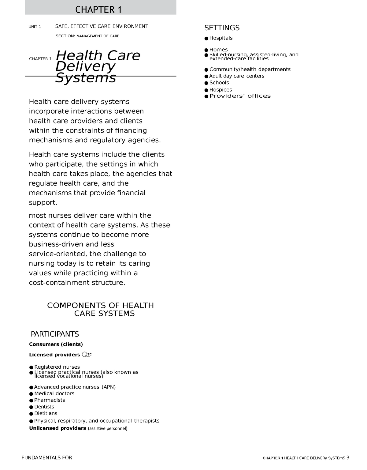 ATI Chapter 1 Health CARE Delivery Systems CHAPTER 1 UNIT 1 SAFE