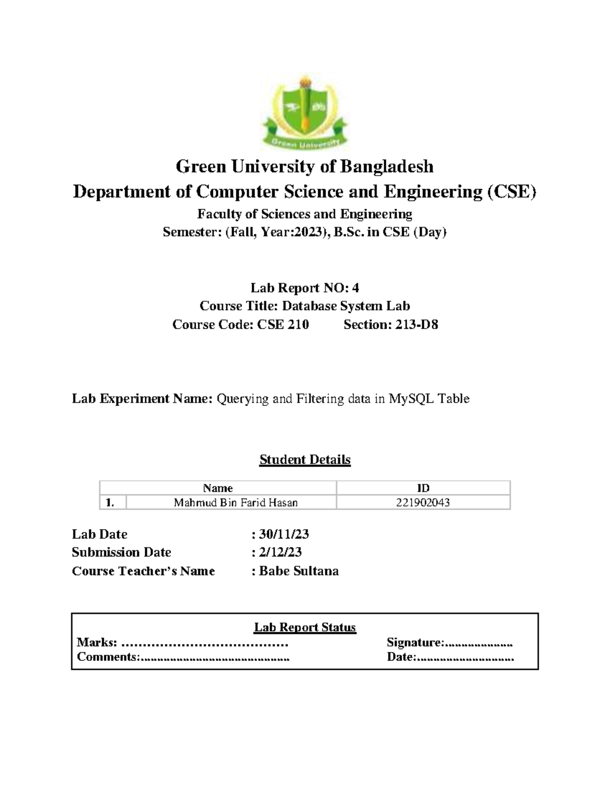 Database lab report 4 - Green University of Bangladesh Department of ...
