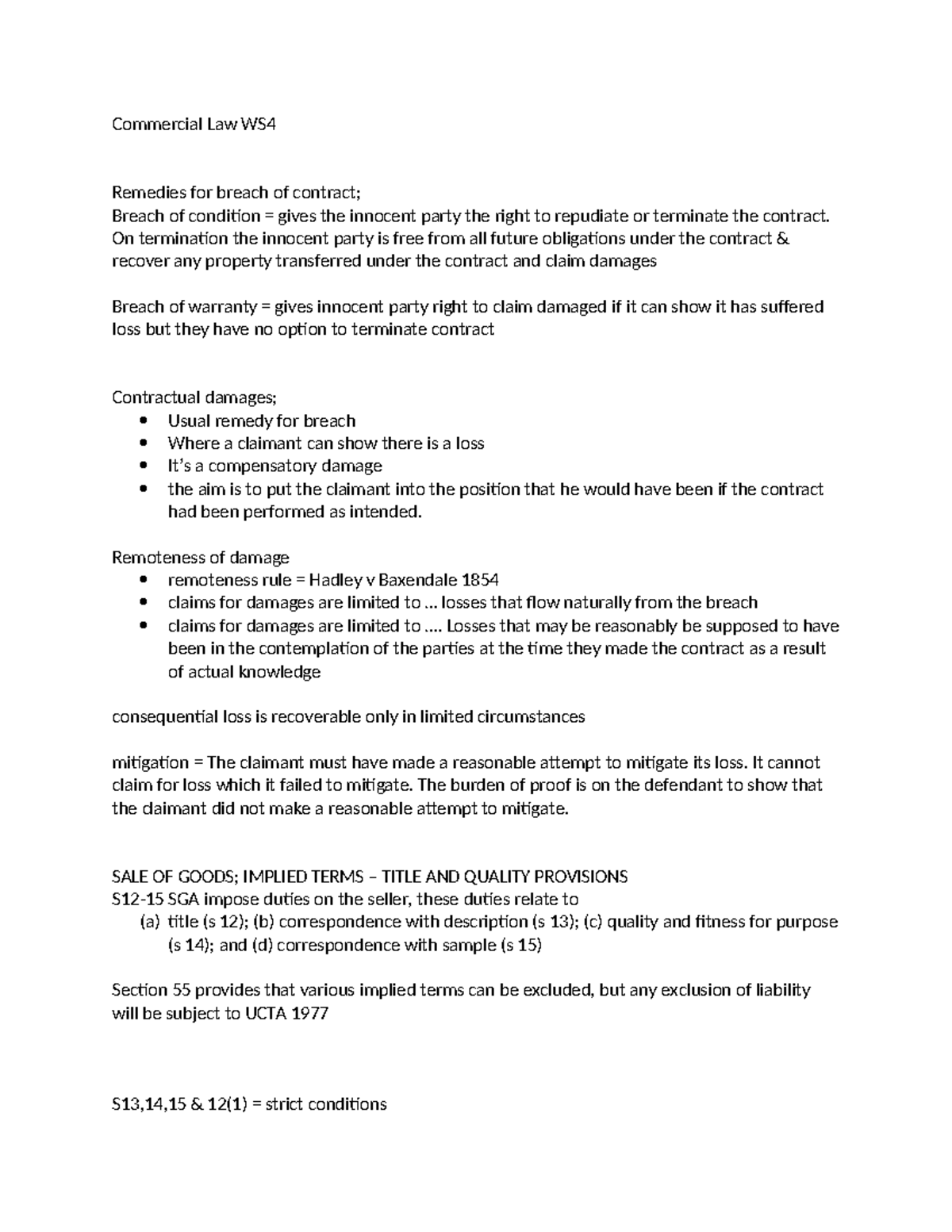Commercial Law WS4 - notes - Commercial Law WS Remedies for breach of ...