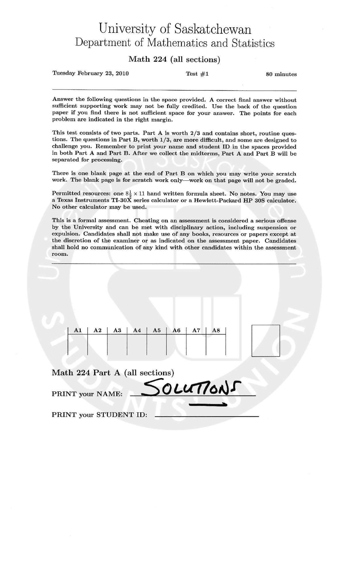 Exam 2010, questions and answers - University of Saskatchewan ...