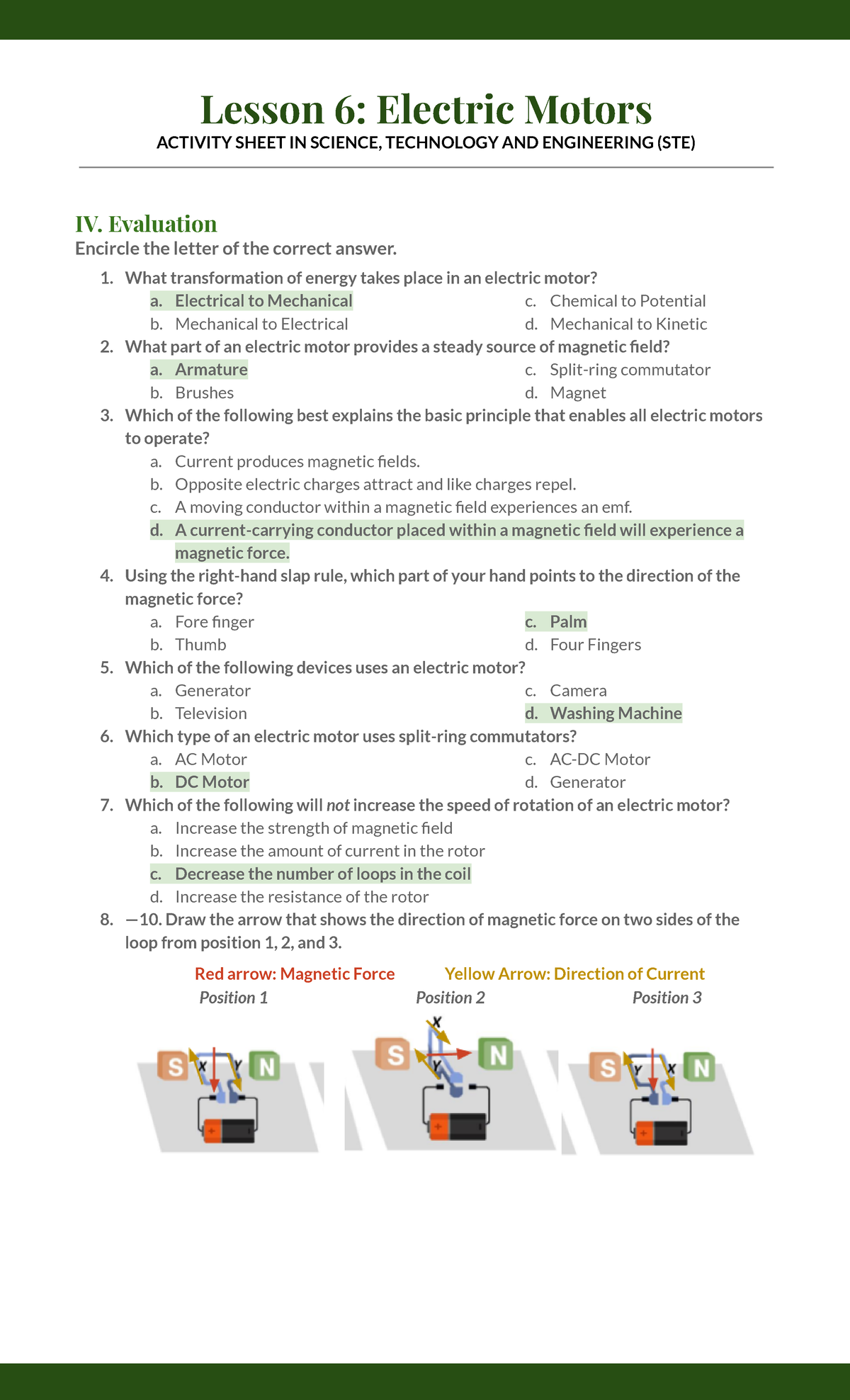 Q2 Lesson 6 Electric Motors Evaluation Lesson 6 Electric Motors