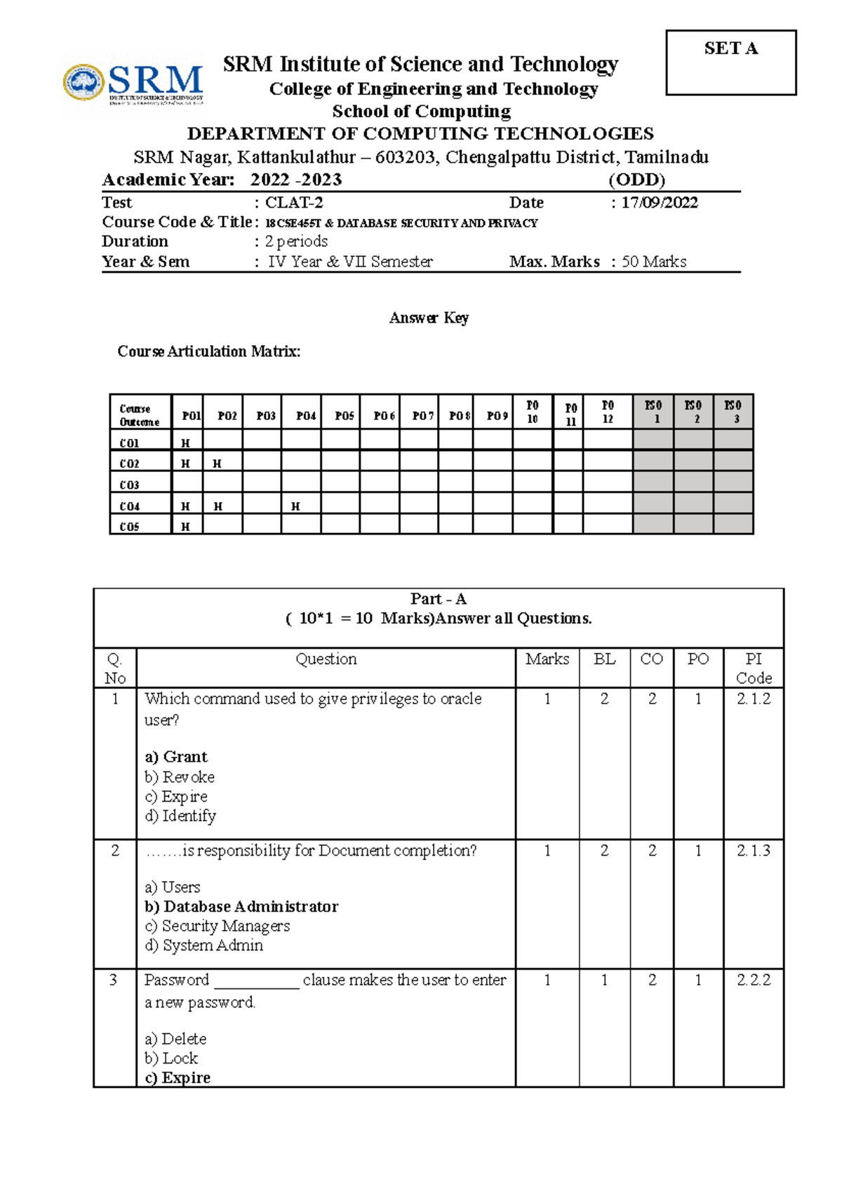 CT2 Set A - CT2 Set A - SRM Institute of Science and Technology College ...