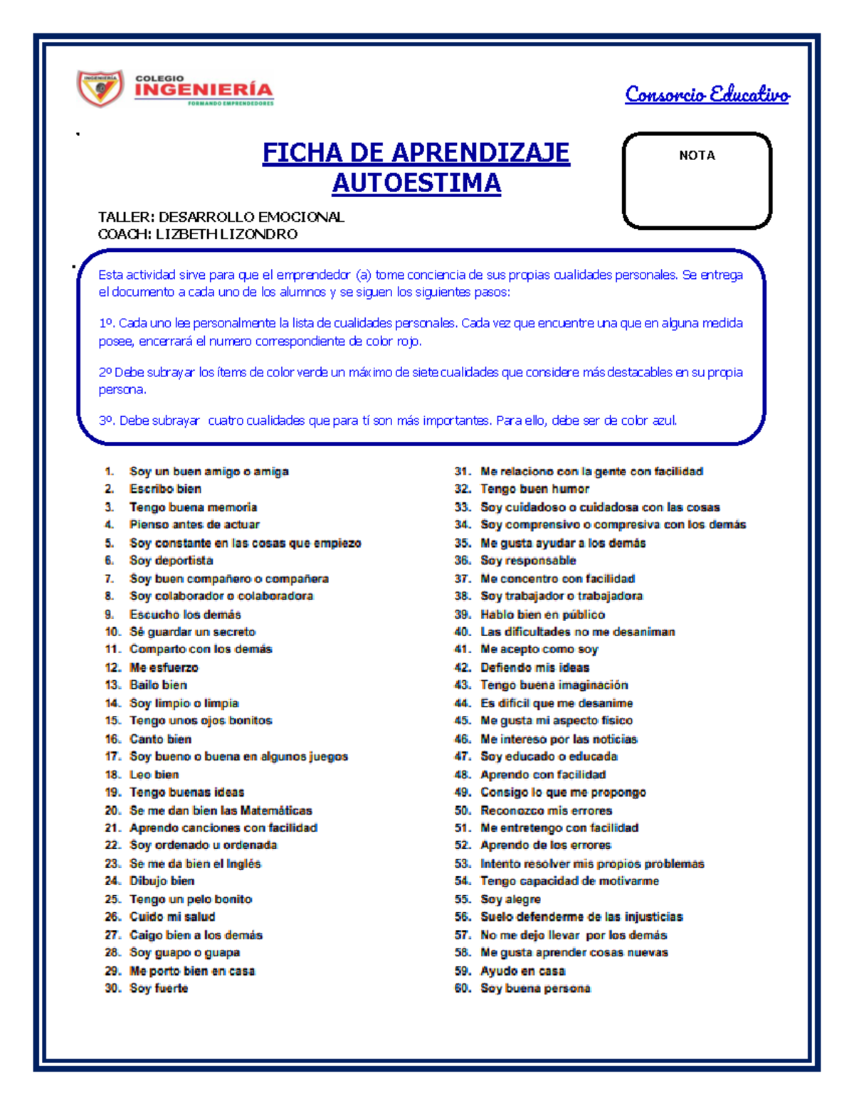 Autoestima 4 y 5 Primaria - Consorcio Educativo FICHA DE APRENDIZAJE ...