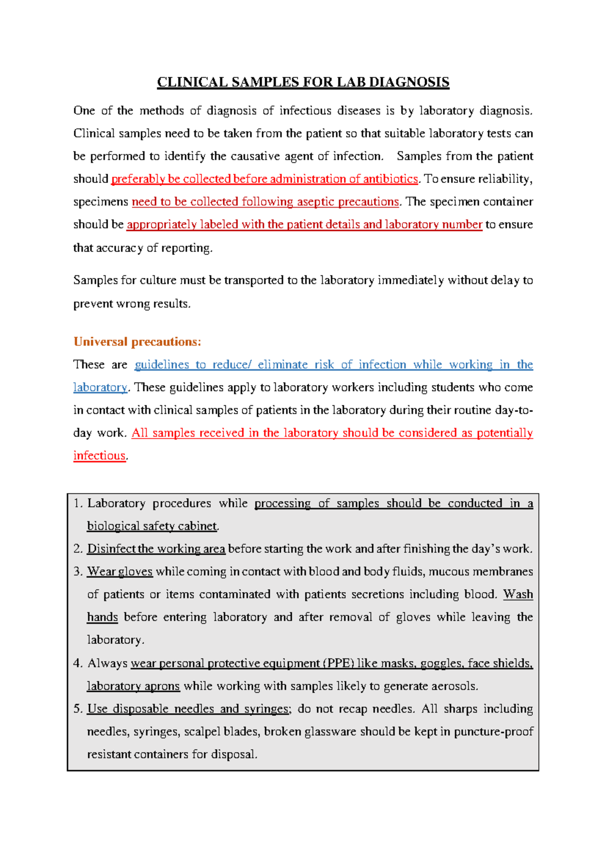 Clinical specimens for lab diagnosis CLINICAL SAMPLES FOR LAB