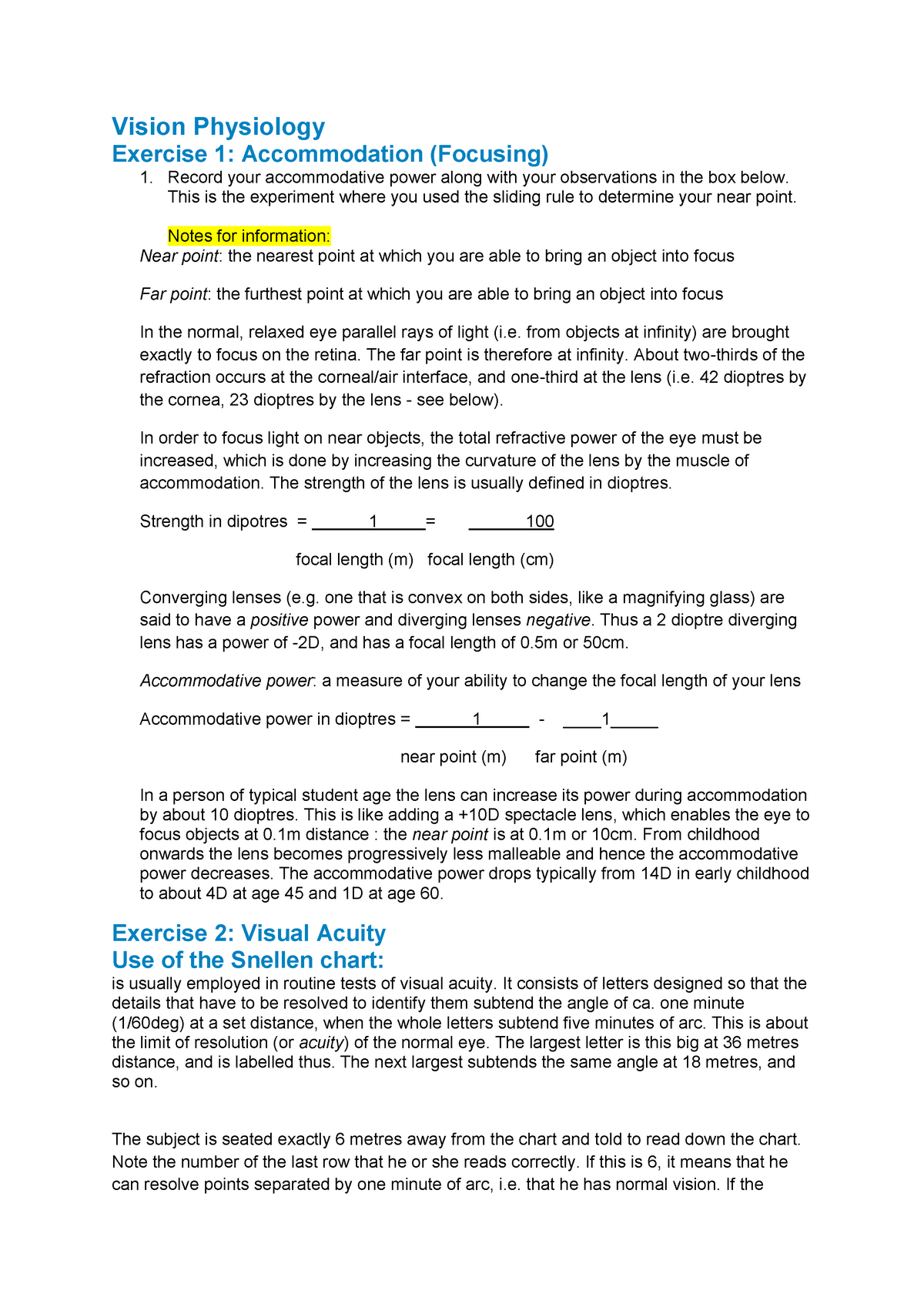 Vision Physiology Ltutor Answers Vision Physiology Exercise Accommodation Focusing Record Your Accommodative Power Along With Your Observations In The Box Below Studocu