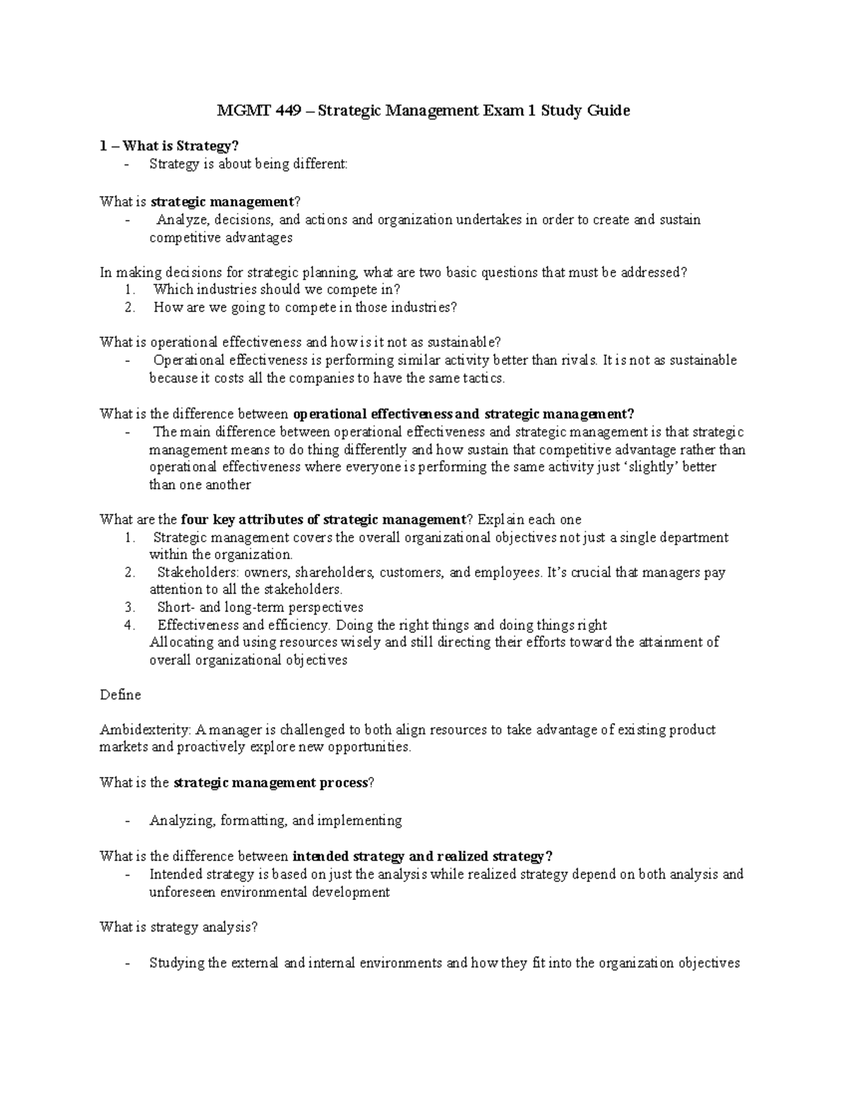 Strategic Management Exam 1 - 92f0uop