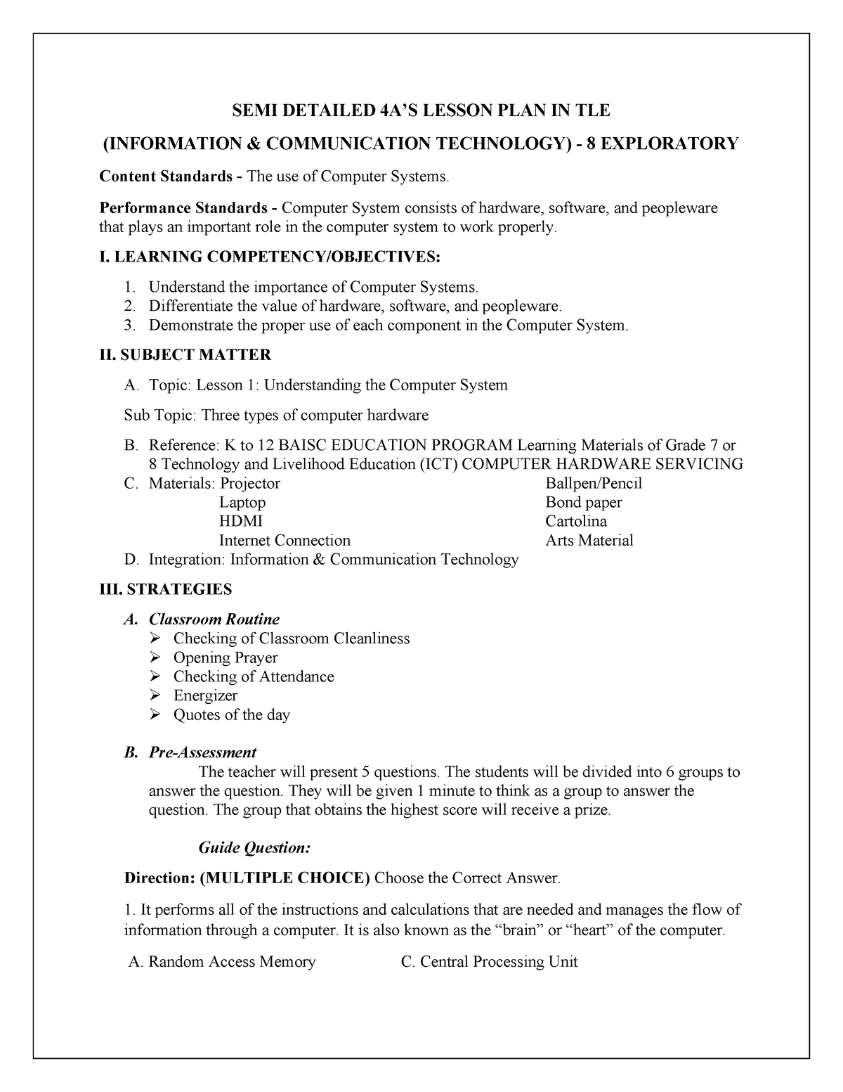 Petere Semi-Detailed-4As - SEMI DETAILED 4A’S LESSON PLAN IN TLE ...