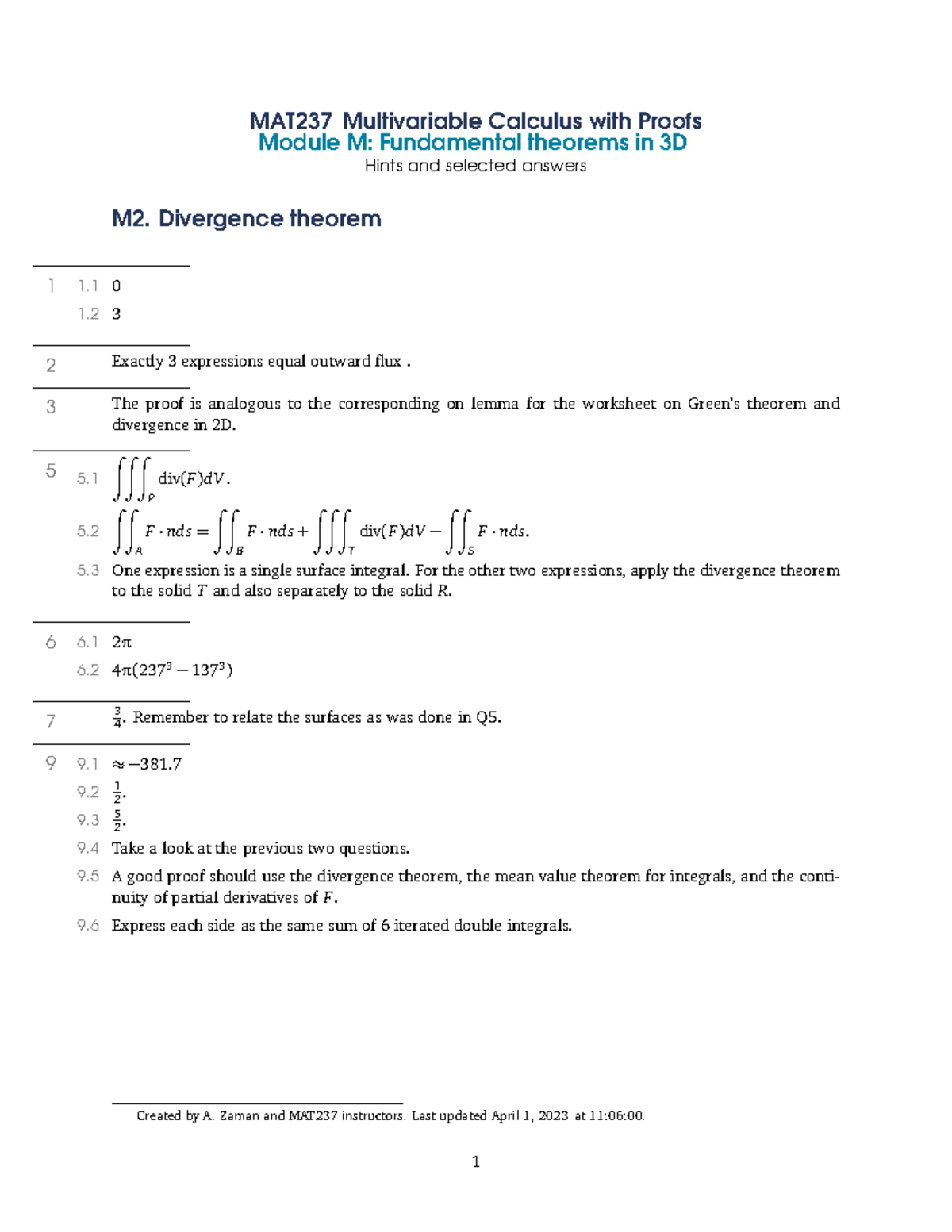 Mat237-m2-hints - Course material - MAT237 Multivariable Calculus with ...