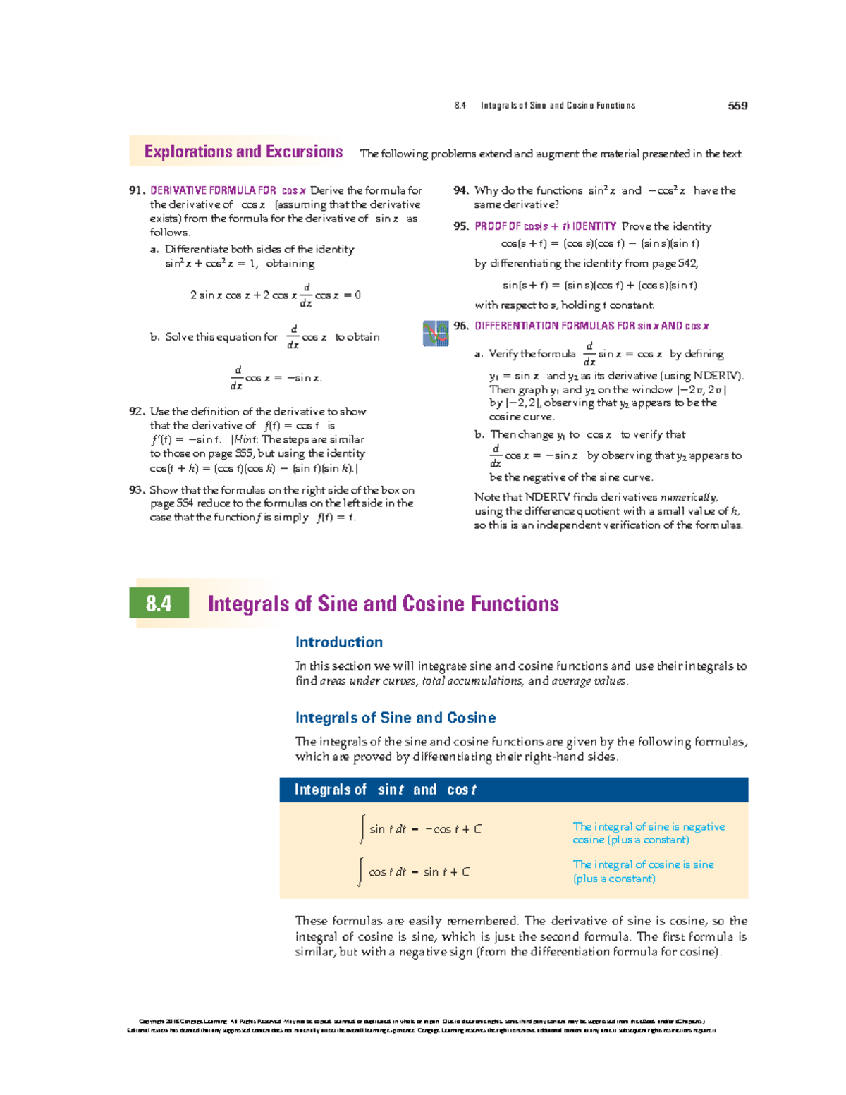 8.4 Integrals of Sine and Cosine Functions - 91. DERIVATIVE FORMULA FOR ...