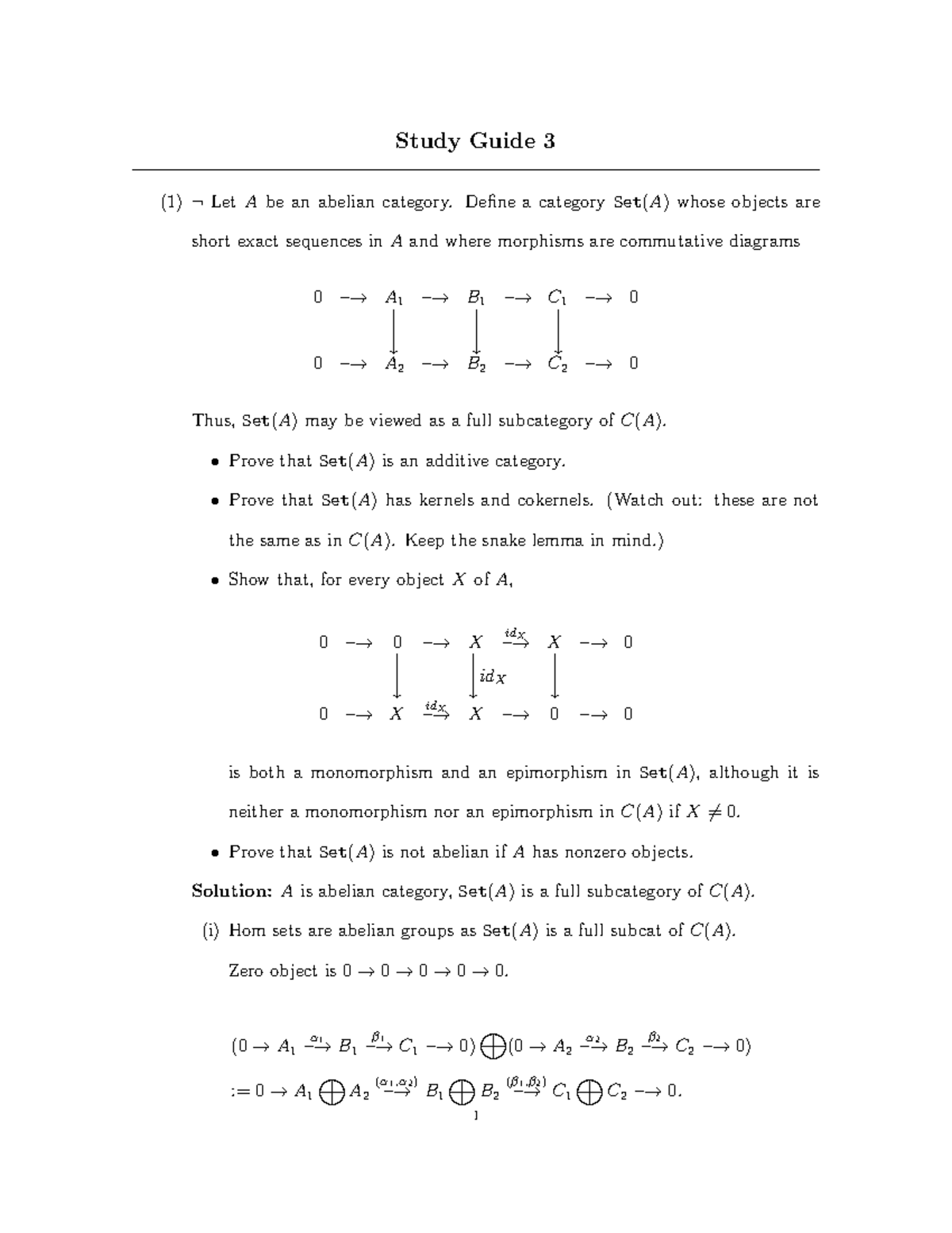 Studyguide 111 - categories - Study Guide 3 (1) ¬ Let A be an abelian ...