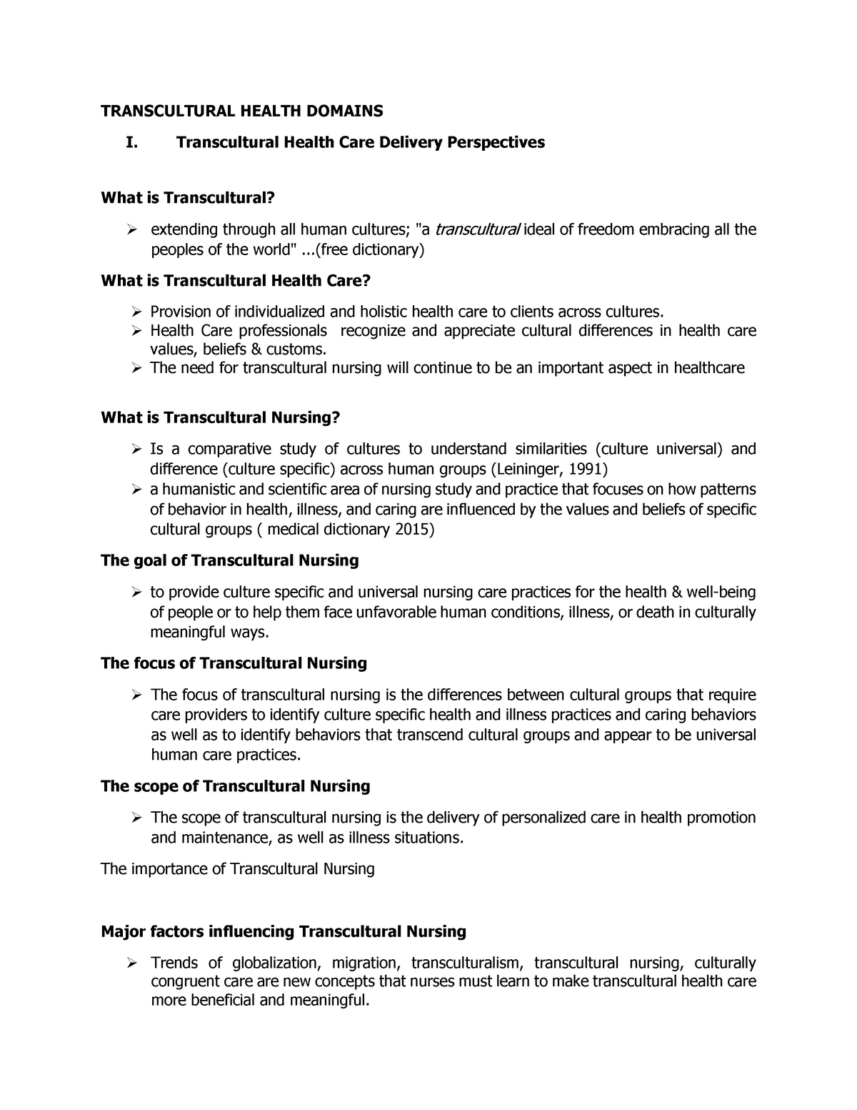 TRANSCULTURAL NURSING - TRANSCULTURAL HEALTH DOMAINS I. Transcultural ...