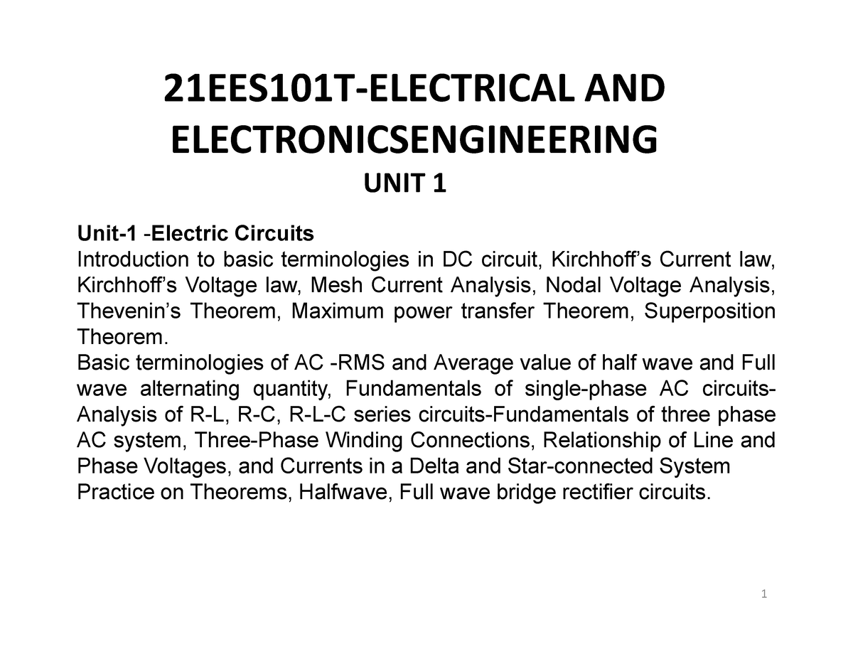 BEEE-UNIT 1 Notes - 21EES101T-ELECTRICAL AND ELECTRONICSENGINEERING ...