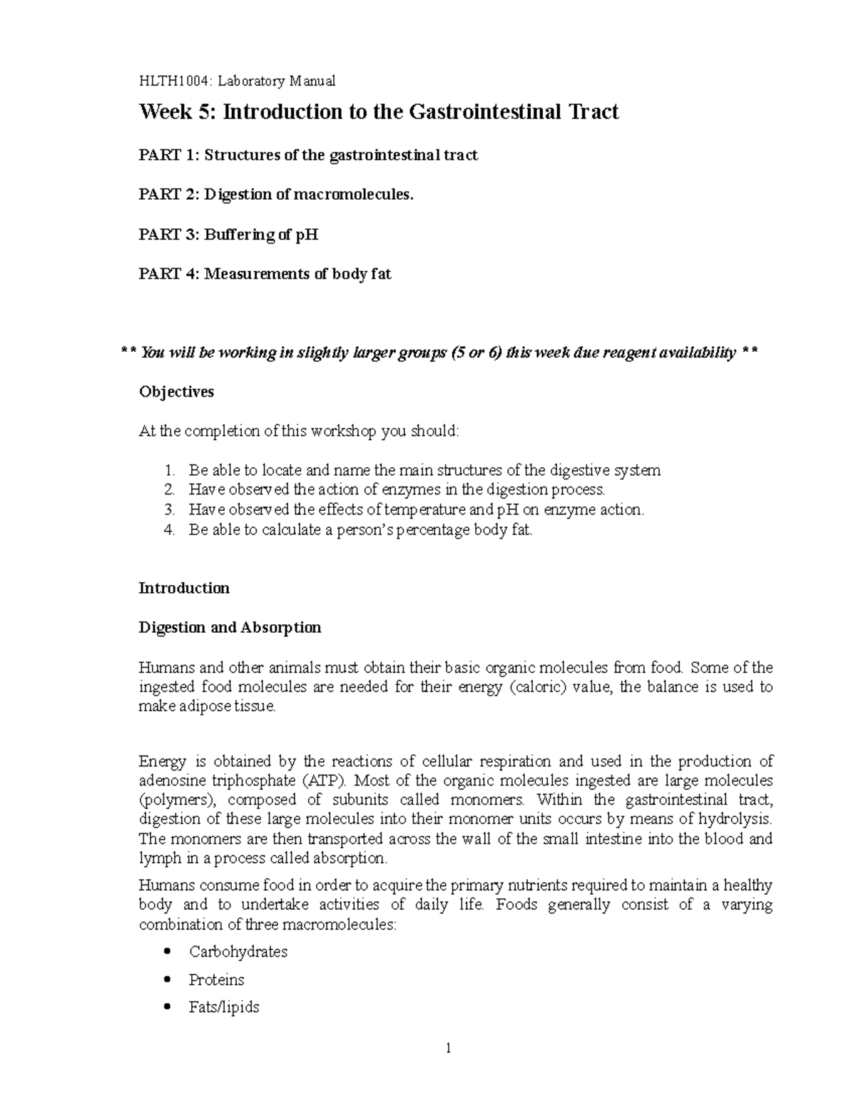 Week 5 lab manual - Lecture notes Week 5 - HLTH1004: Laboratory Manual ...