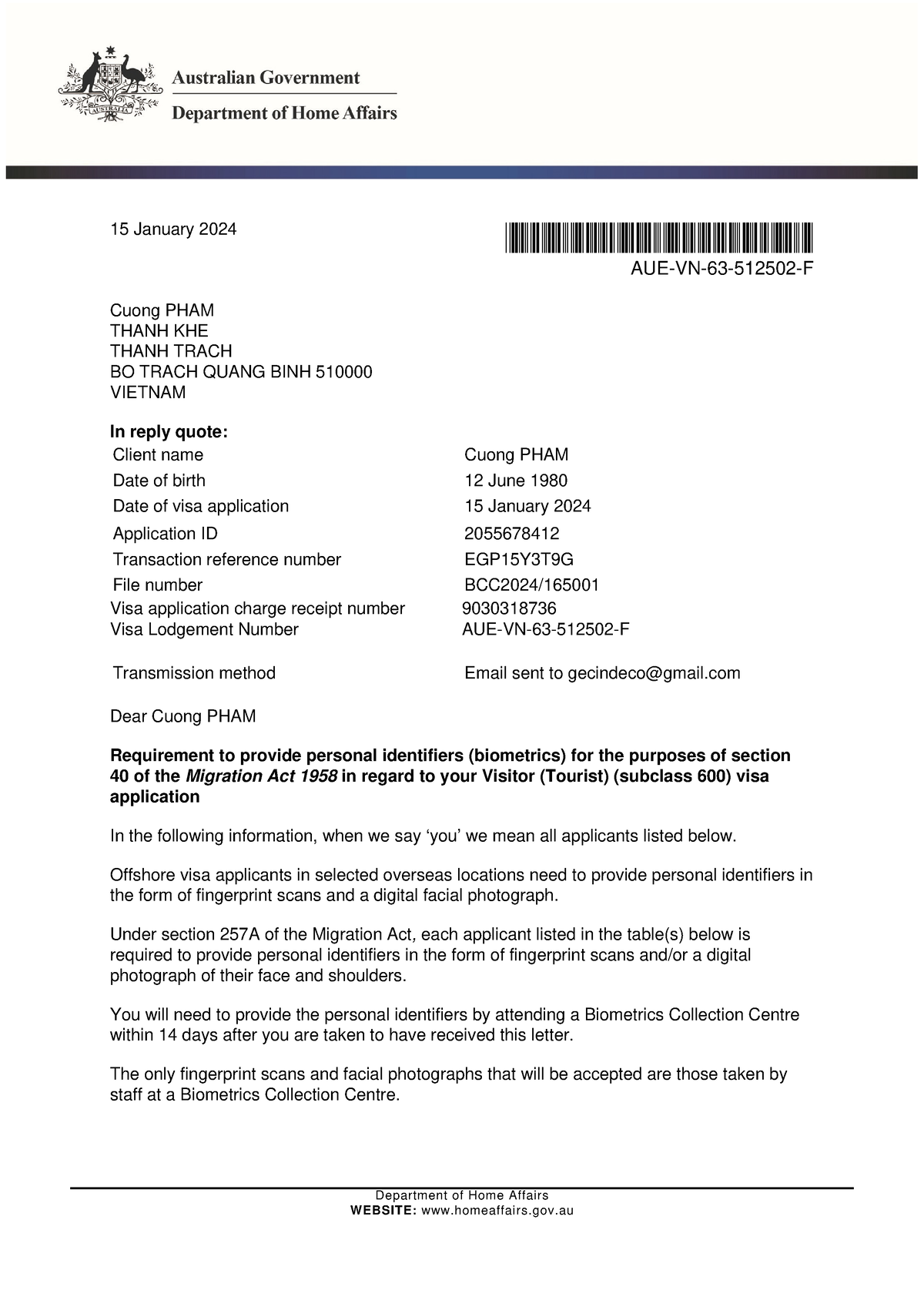 S257A (s40) Requirement to Provide Biometrics - Department of Home ...