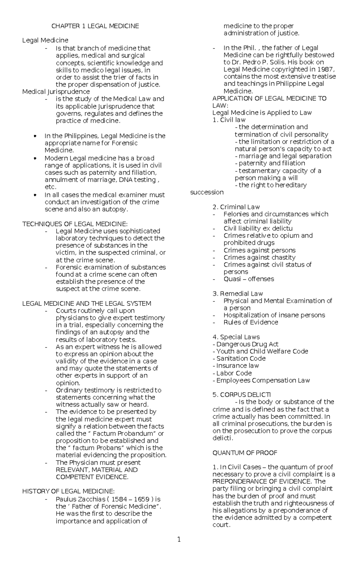 Legal Reviewer Notes Nanaman - CHAPTER 1 LEGAL MEDICINE Legal Medicine ...