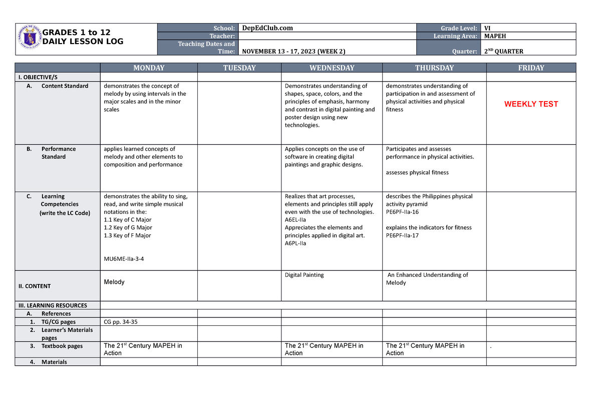 DLL Mapeh 6 Q2 W2 - DLL - GRADES 1 to 12 DAILY LESSON LOG School ...