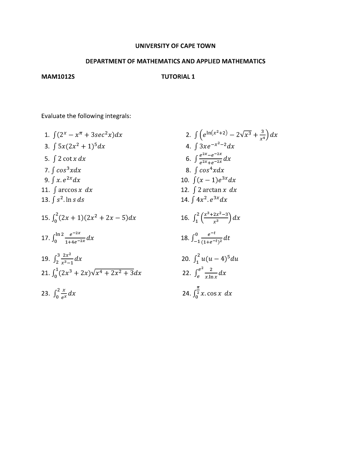 Tutorial 1 - UNIVERSITY OF CAPE TOWN DEPARTMENT OF MATHEMATICS AND ...