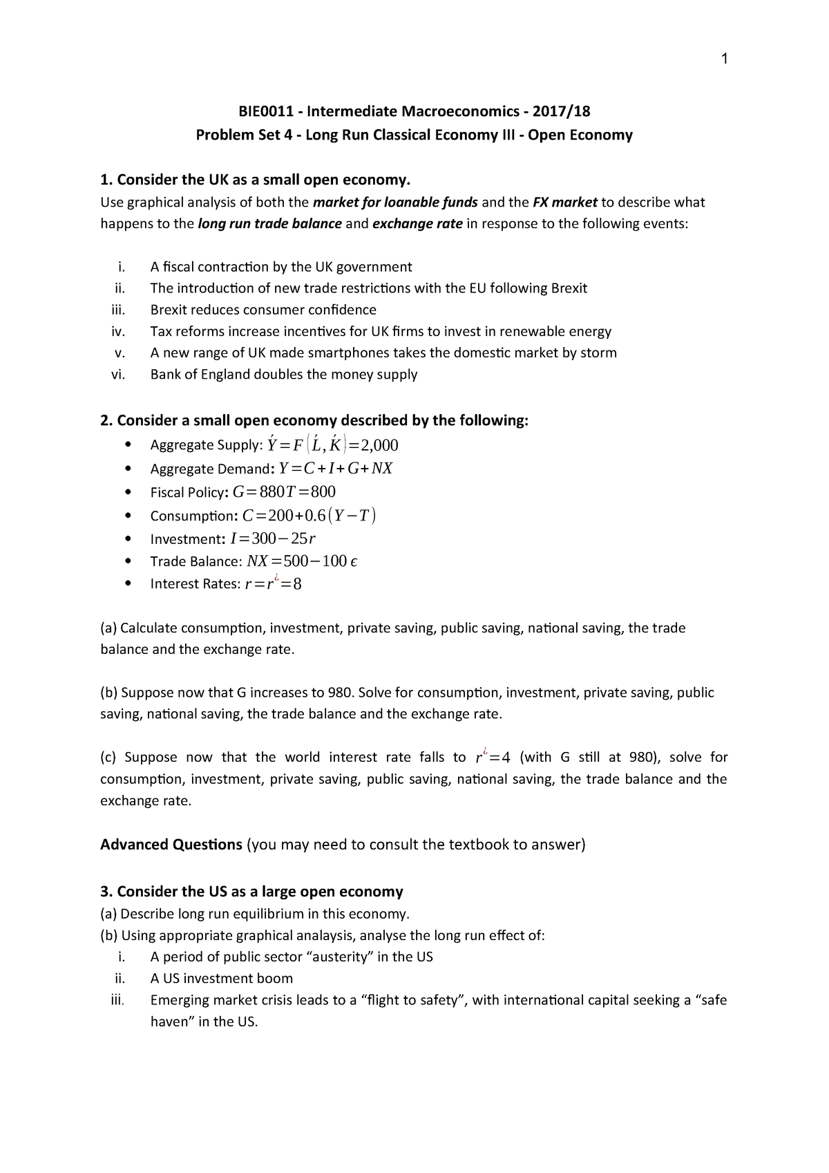 Bie0011 Intermediate Macroeconomics 17 18 Problem Set 4 Long Run Classical Economy Iii Open Economy Studocu