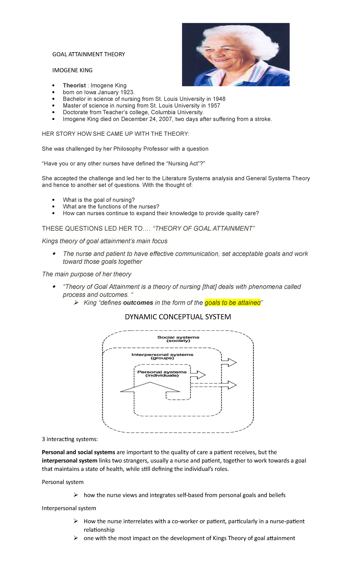 Goal Attainment Theory Imogene King - GOAL ATTAINMENT THEORY IMOGENE ...