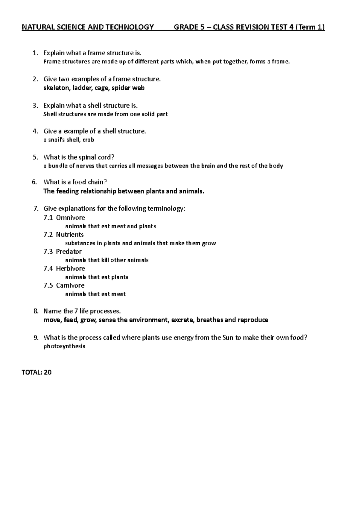 Classtest 4 - NATURAL SCIENCE AND TECHNOLOGY GRADE 5 – CLASS REVISION ...