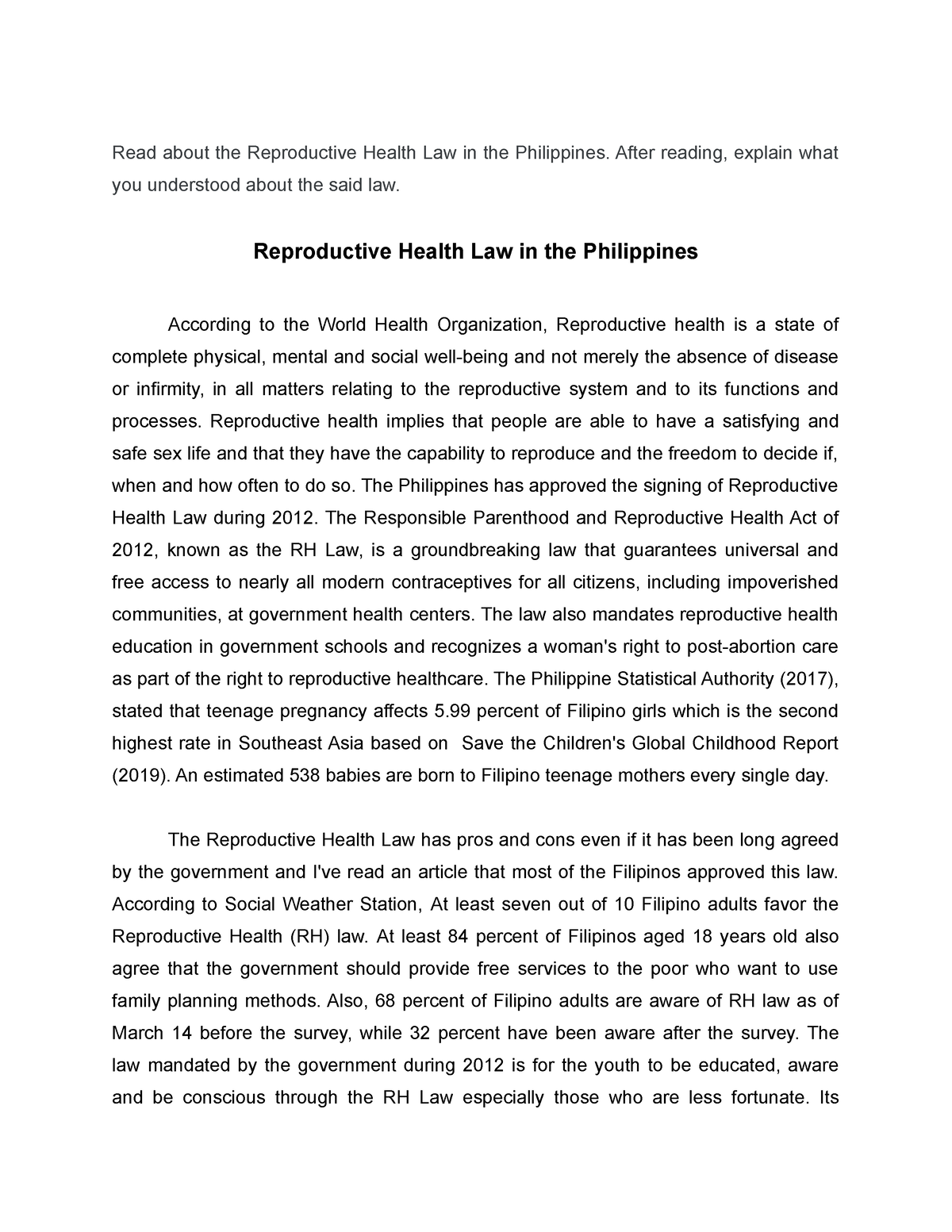 reproductive health law essay tagalog
