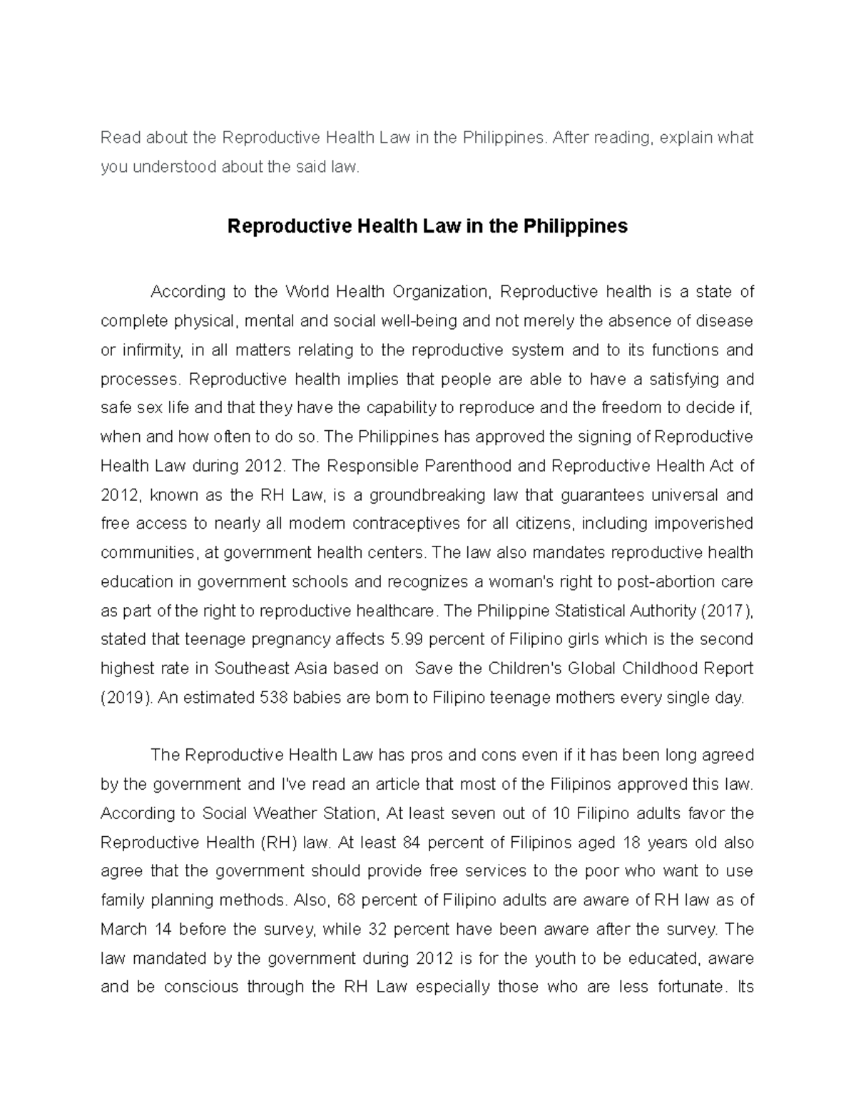 reproductive health law essay tagalog