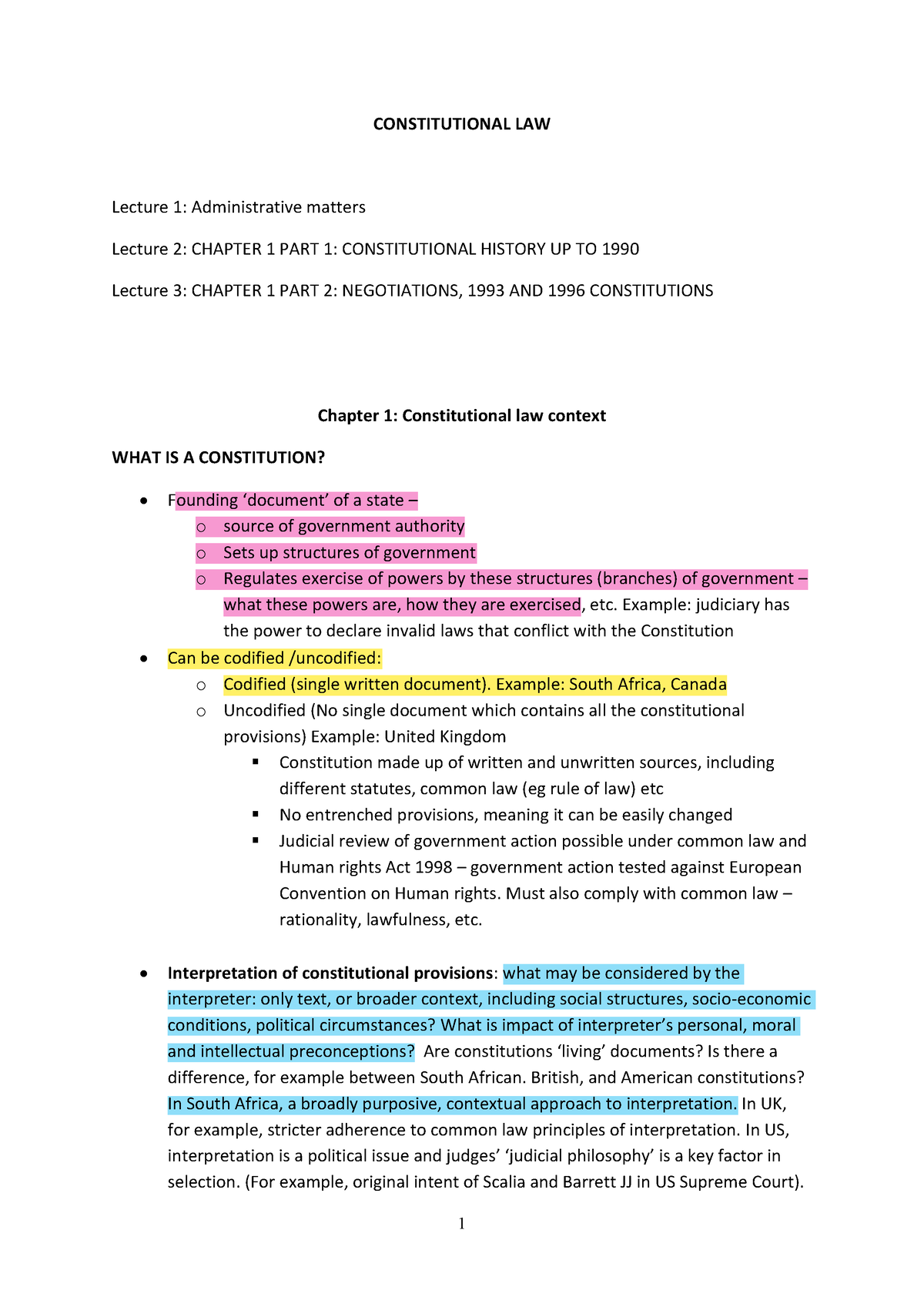 2022 Constitutional LAW Chapter 1 Notes - CONSTITUTIONAL LAW Lecture 1 ...