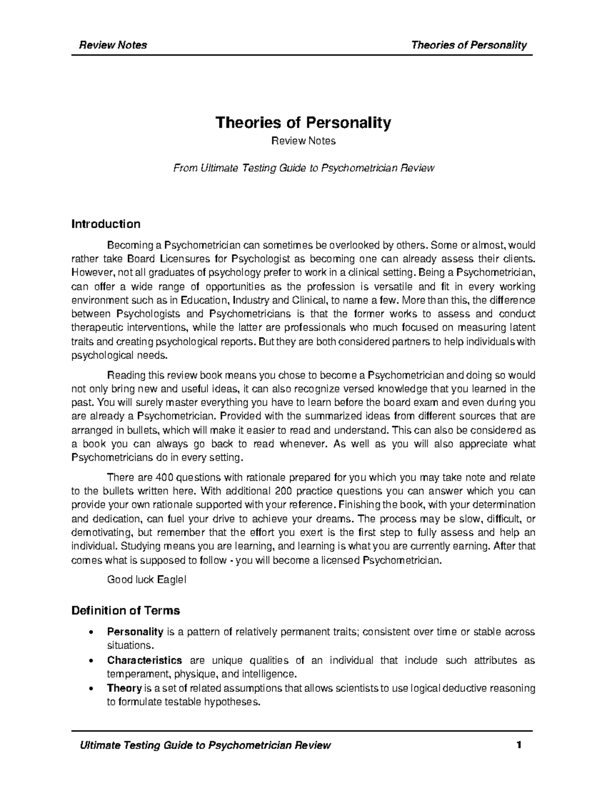 Theories Of Personality Reviewer (Summary) - Theories Of Personality ...