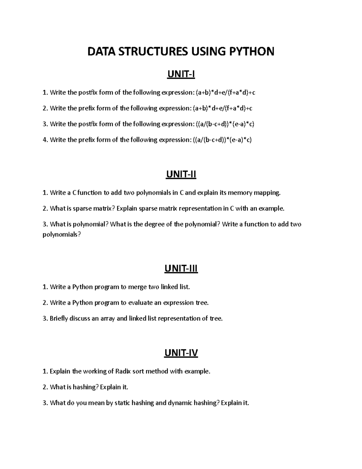 DSP- Tutorial Problems - DATA STRUCTURES USING PYTHON UNIT-I Write the ...