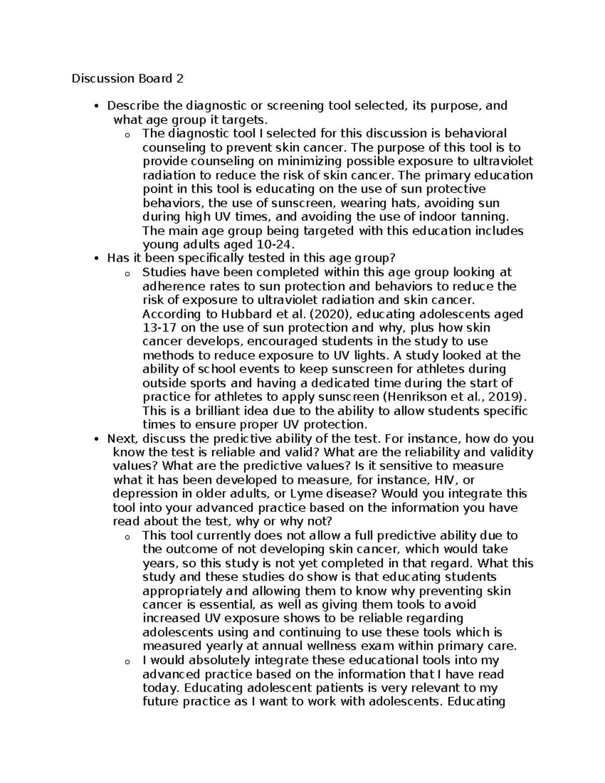 Discussion Board 2 - DB 2 - Discussion Board 2 Describe the diagnostic ...