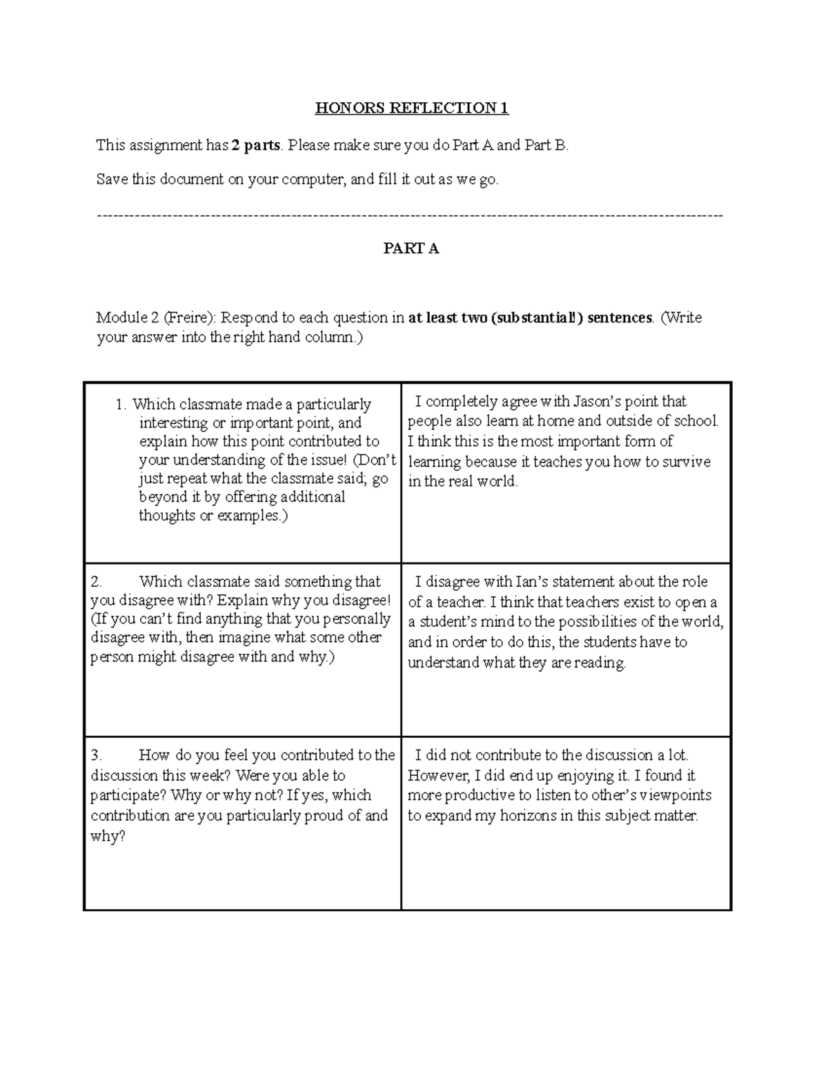Honors Reflection Yearly Summary - HONORS REFLECTION 1 This assignment ...