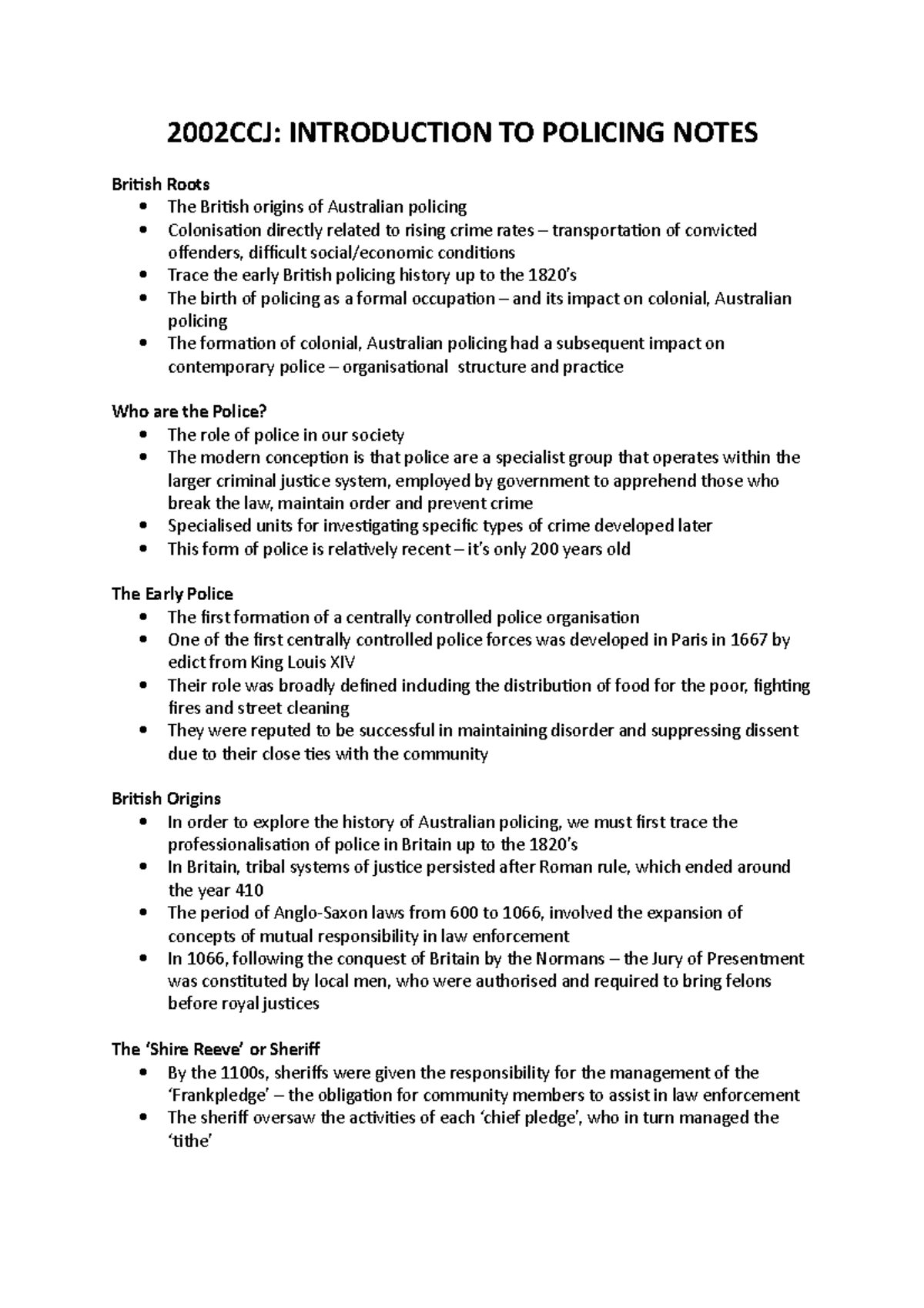 2002 CCJ Notes - 2002CCJ: INTRODUCTION TO POLICING NOTES British Roots ...