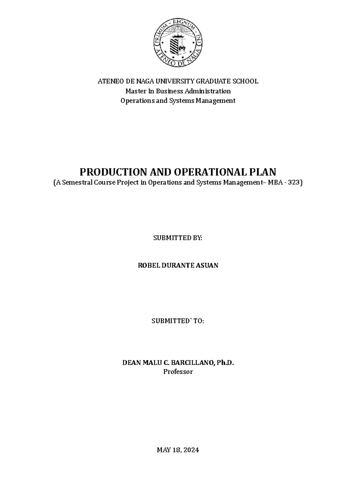 Operations and Systems Management Course Project - ATENEO DE NAGA ...
