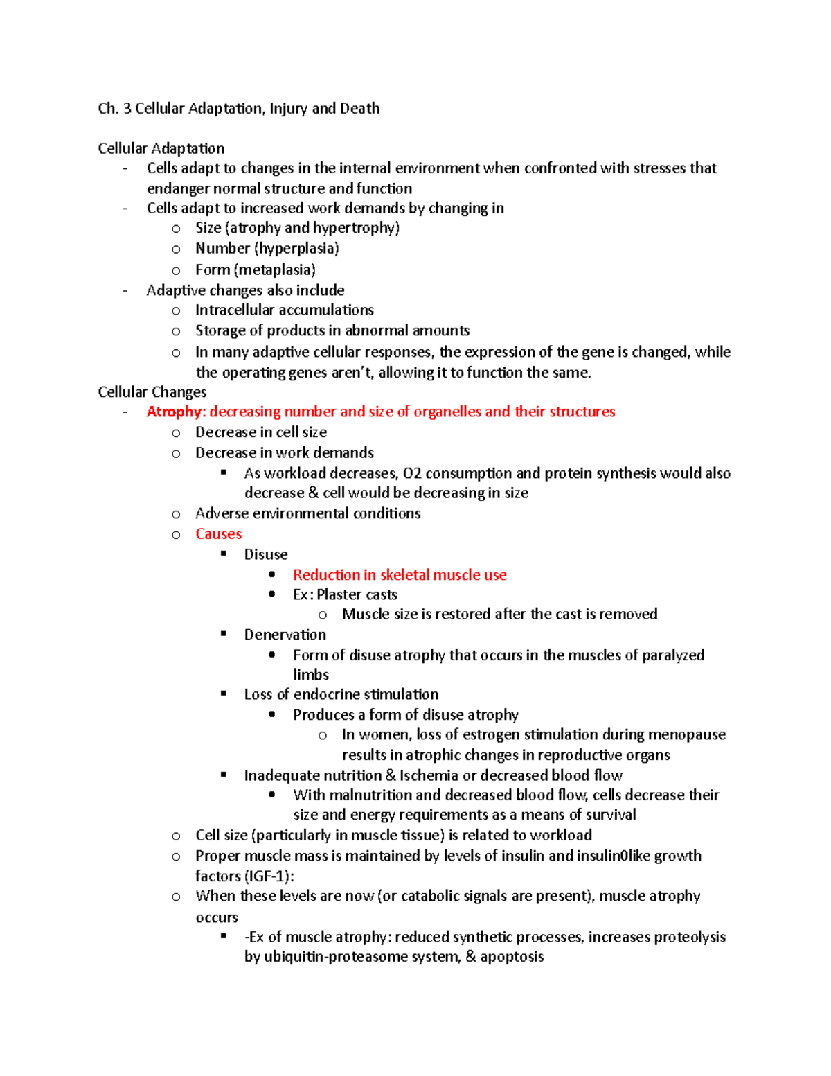 Chapter 3 Notes lecture - Ch. 3 Cellular Adaptation, Injury and Death ...