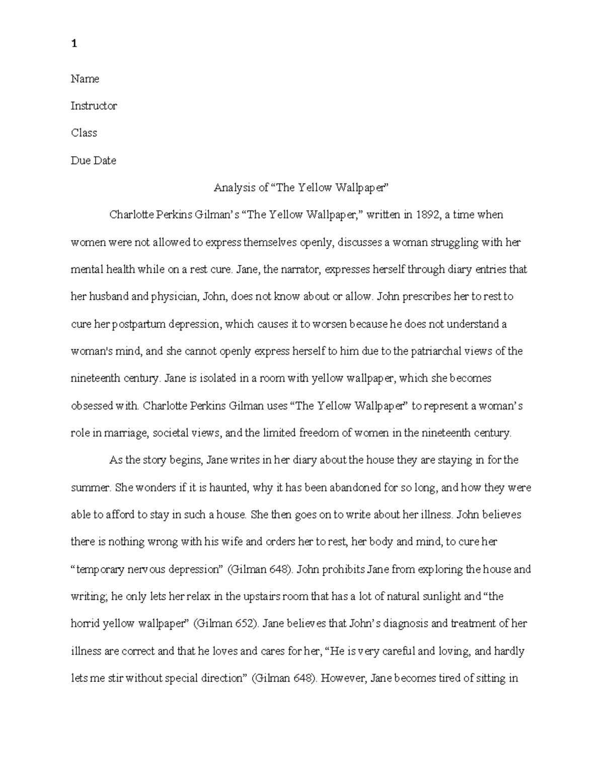 The Yellow Paper Analysis Name Instructor Class Due Date Analysis of