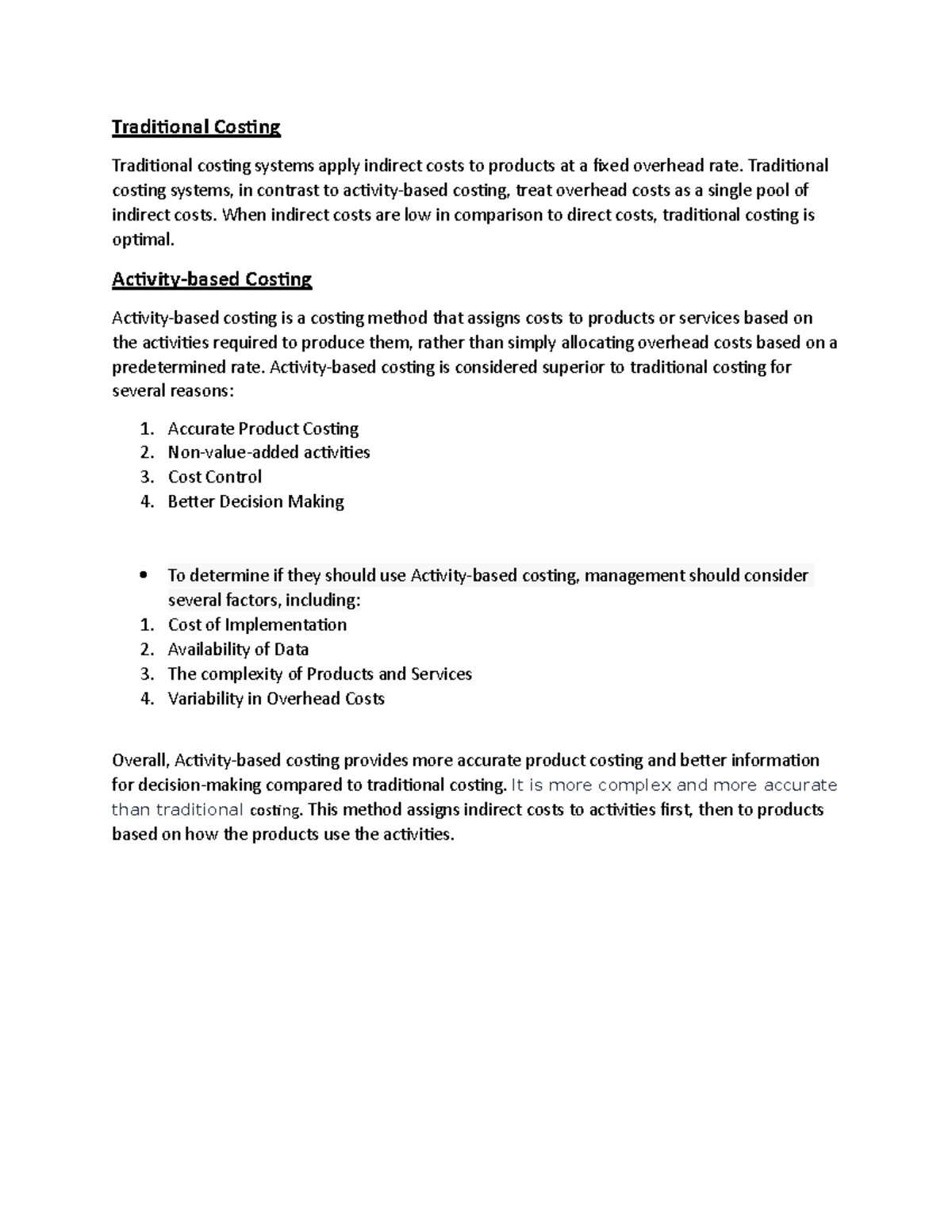 Activity based costing vs traditional costing traditional costing
