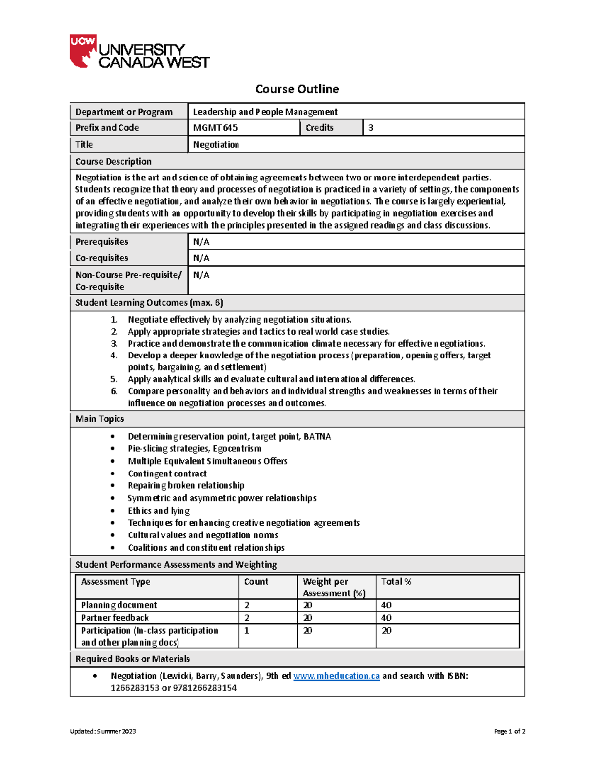 Course Outline - Updated: Summer 2023 Page 1 of 2 Course Outline ...