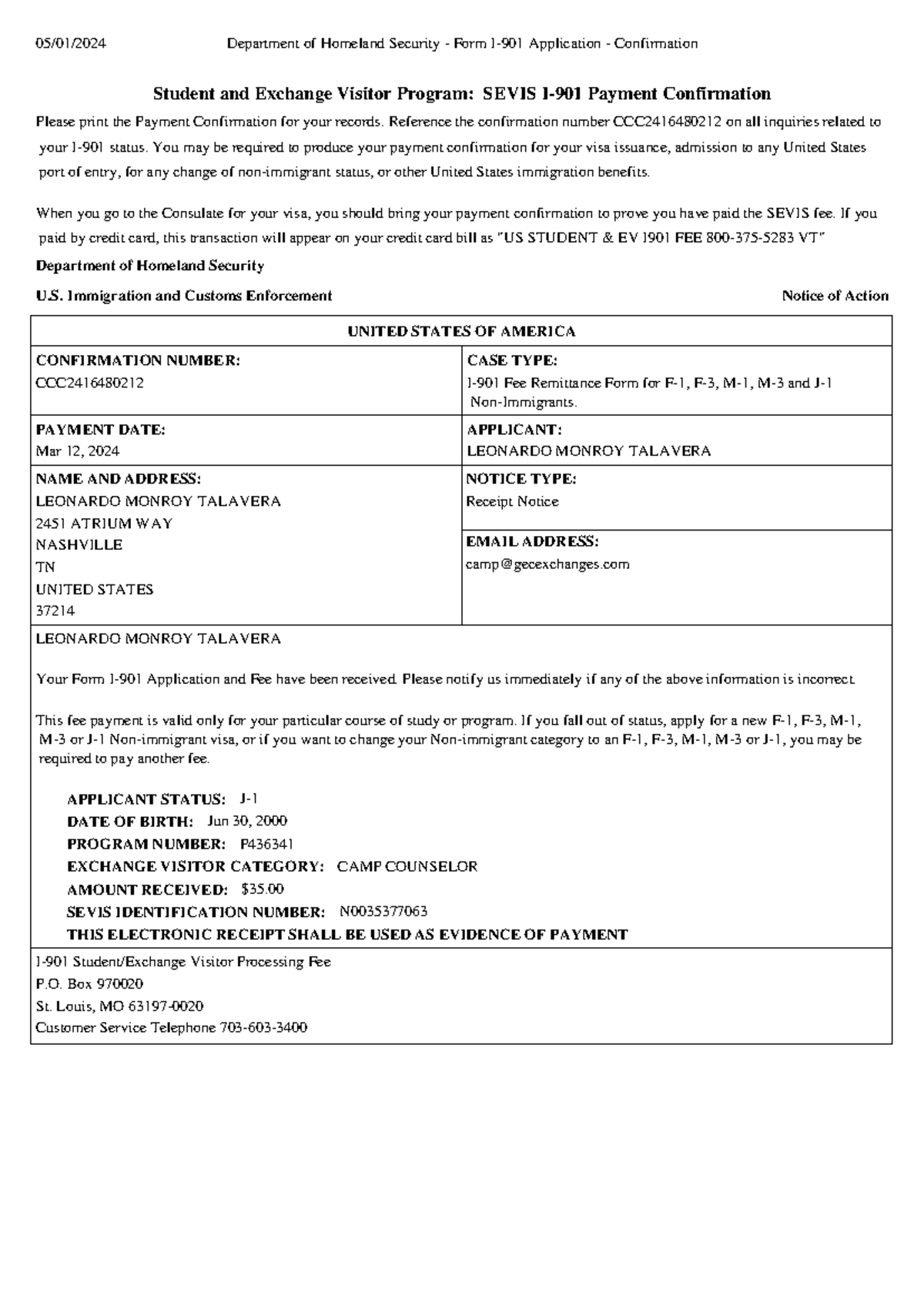 I901 payment confirmation 05012024 - 05/01/2024 Department of Homeland ...