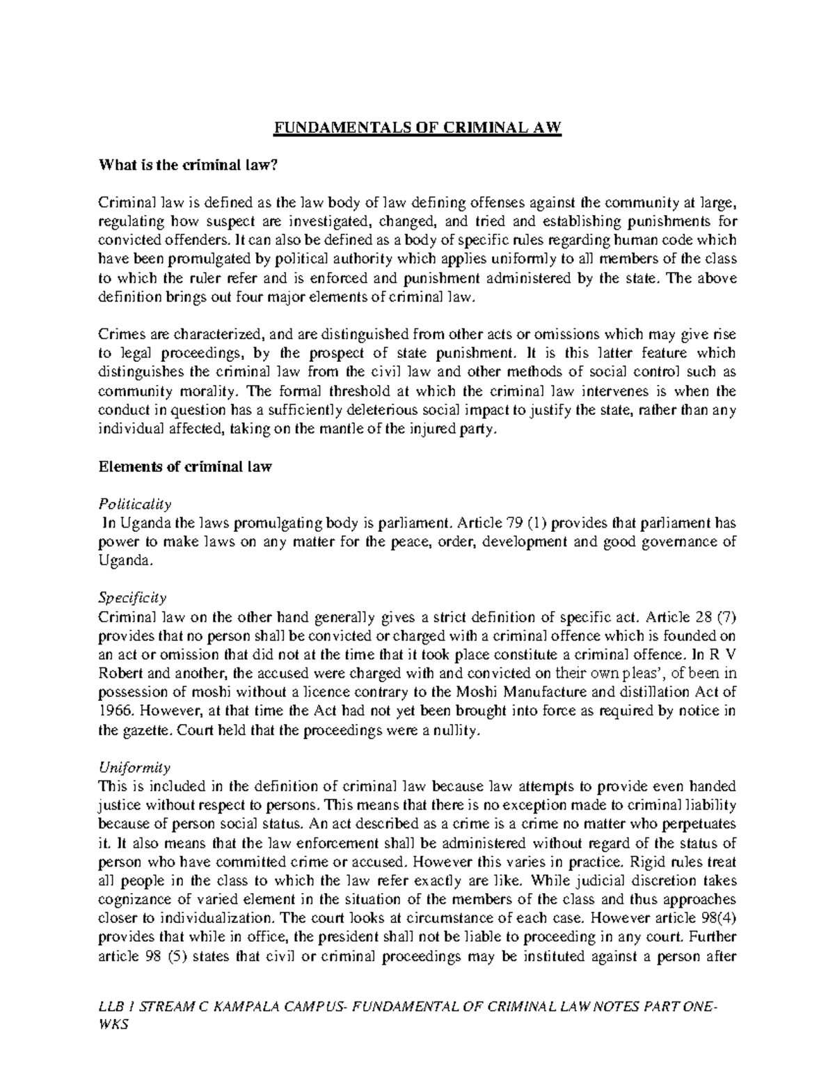 Fundamentals Of Criminal Law Notes Part 1 Llb 1 Stream C Kampala