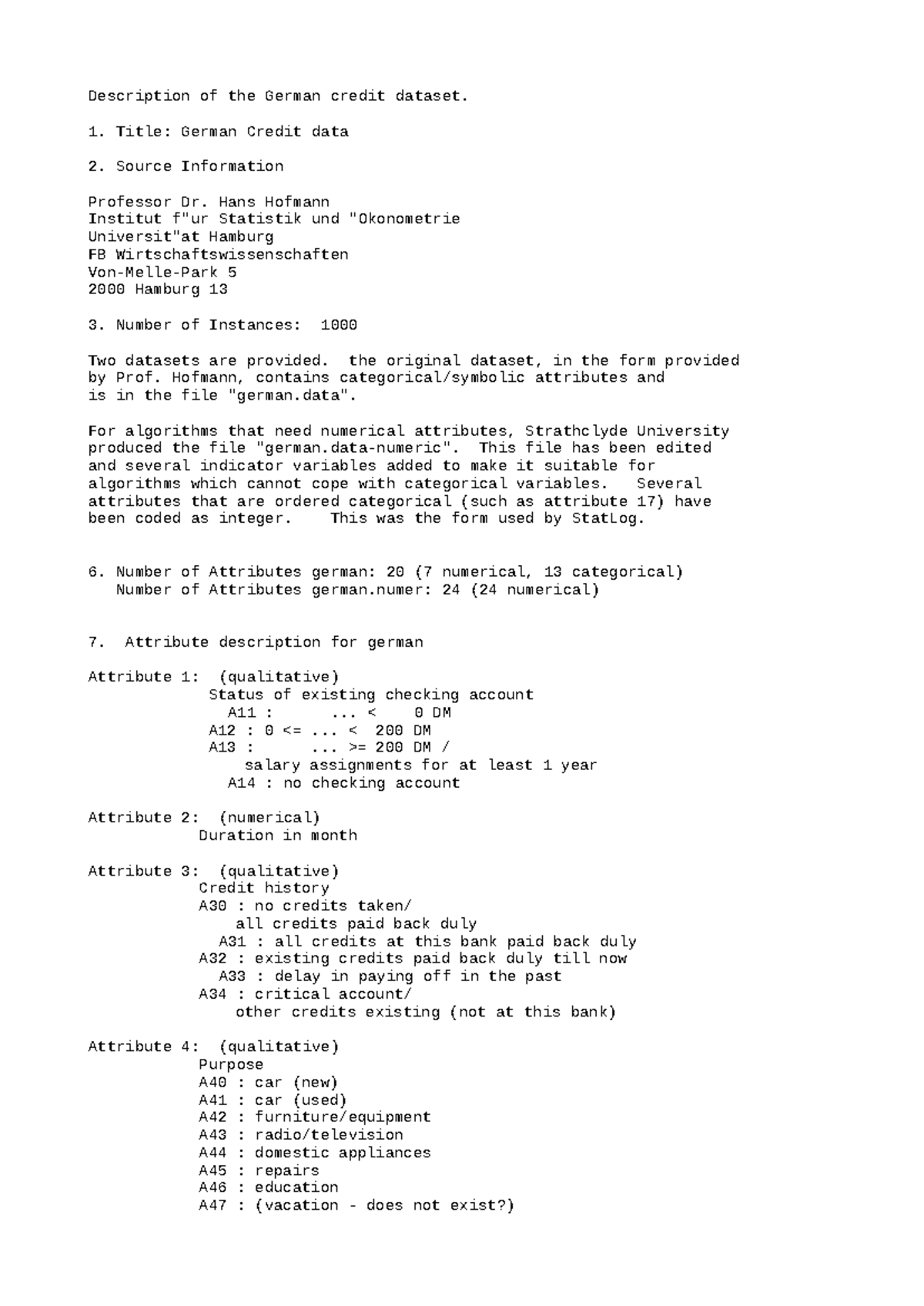 German credit data 1996 - Description of the German credit dataset ...