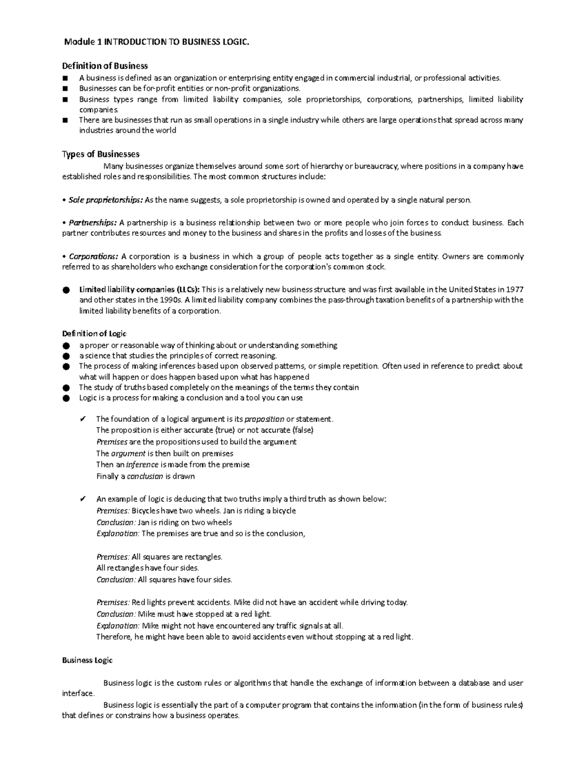 Business-Logic - Notes for business logic prelims - Module 1 ...