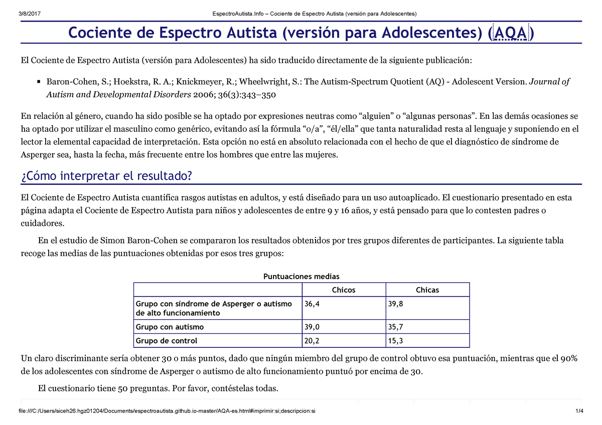 Cociente De Espectro Autista Versión Para Niños Aqc Pdf