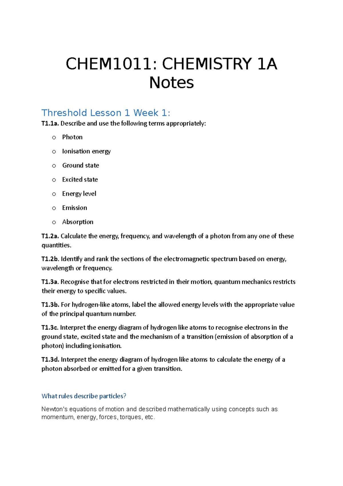 CHEM1011 Notes CHEM1011 CHEMISTRY 1A Notes Threshold Lesson 1 Week 1