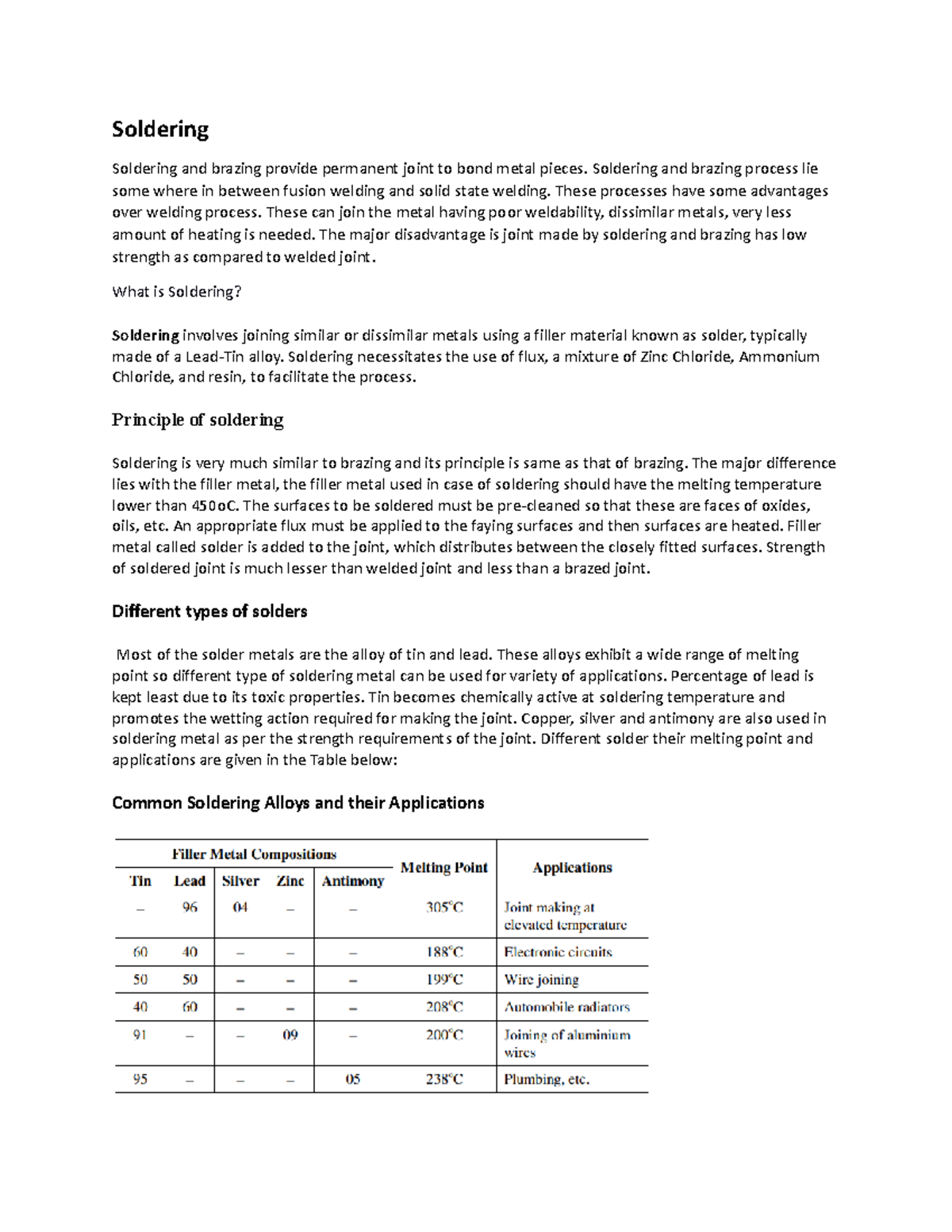 Soldering notes Soldering Soldering and brazing provide permanent