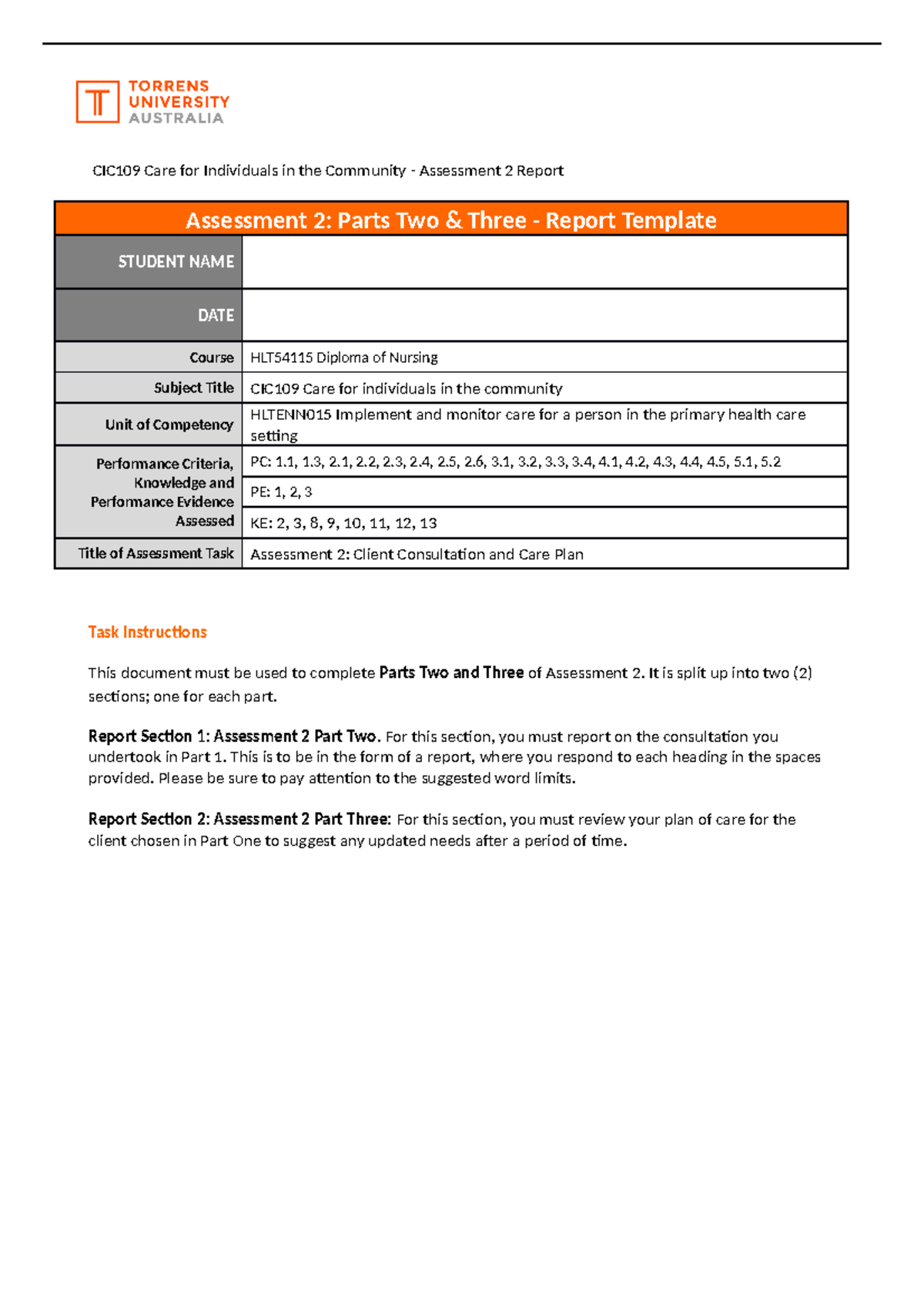 CIC109 Care for Individuals in the Community - Assessment 2 Report 1 ...