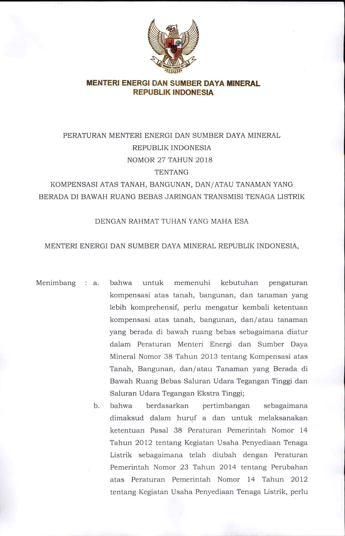 Permen ESDM Nomor 27 Tahun 2018 Tentang Kompensasi Tenaga Listrik ...